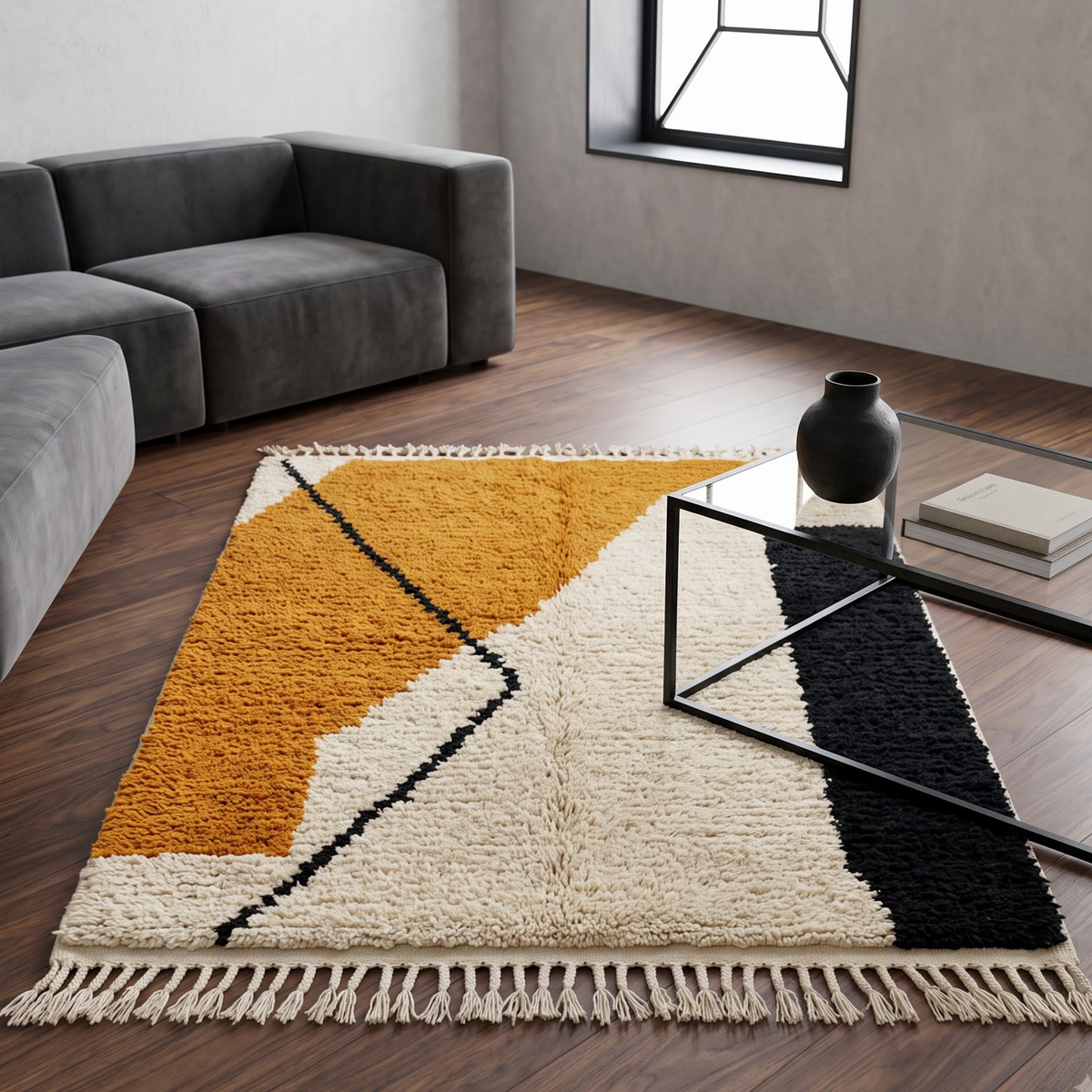 Handmade Moroccan Wool Rug Contemporary Azilal Style | Geometric Color Block in Mustard Ochre, Charcoal & Ivory Atlas Carpet