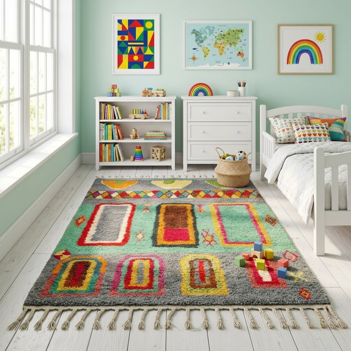 Handmade Moroccan Wool Rug Azilal Style | Architectural Portals & Arches in Slate Grey & Mint Green Atlas Carpet