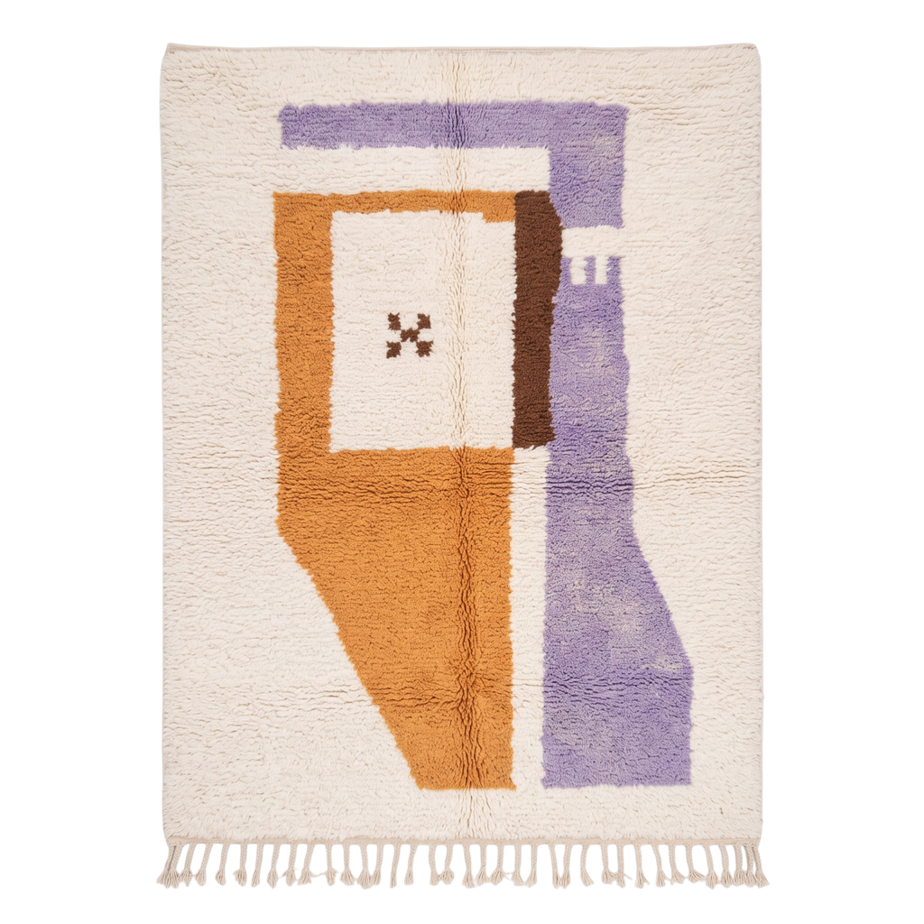 Handmade Moroccan Wool Rug Azilal Style | Abstract Minimalist Color Block in Lavender, Ochre & Cream Atlas Carpet