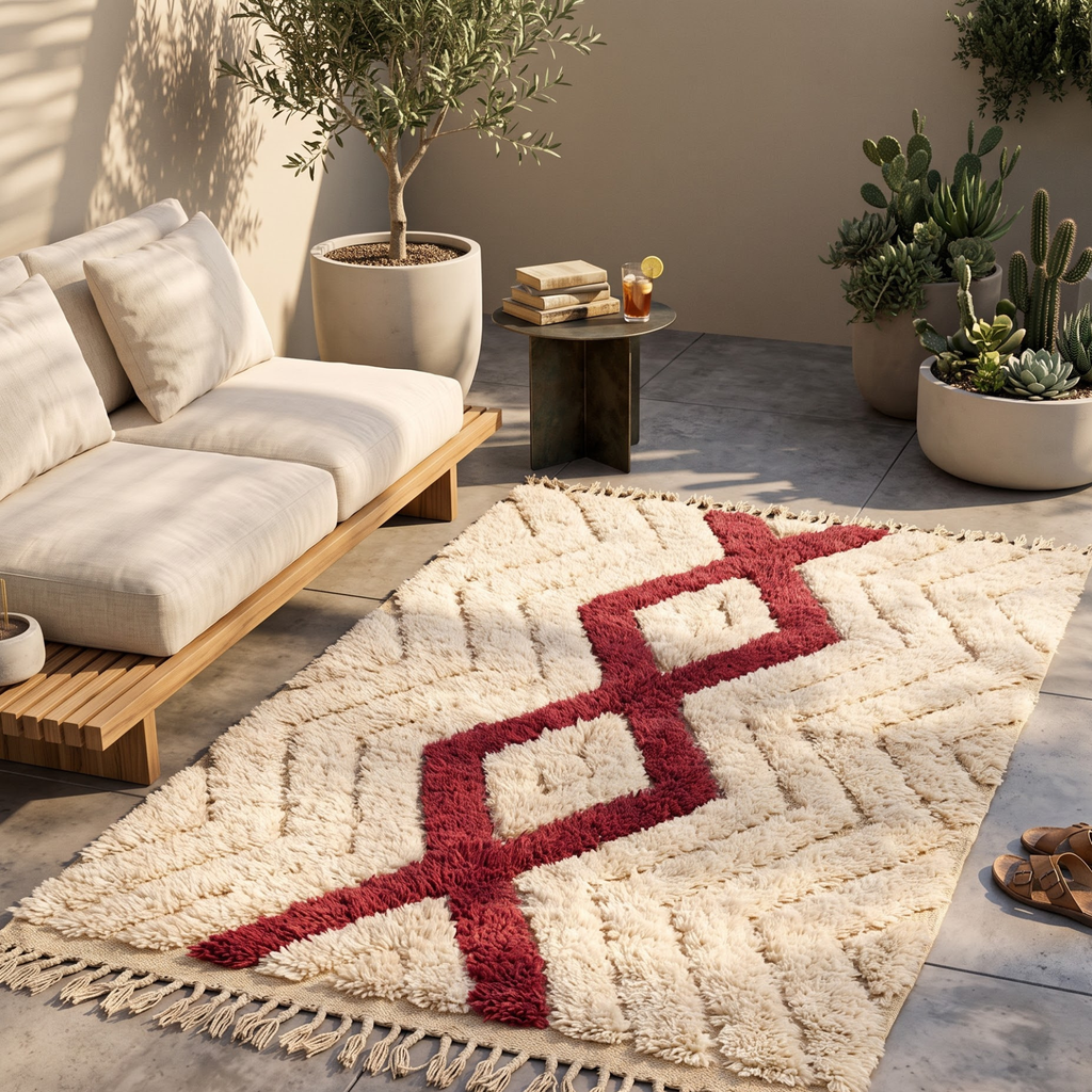 Handmade Moroccan Textured Wool Rug with Ruby Red Diamond | High-Low Atlas Berber Carpet