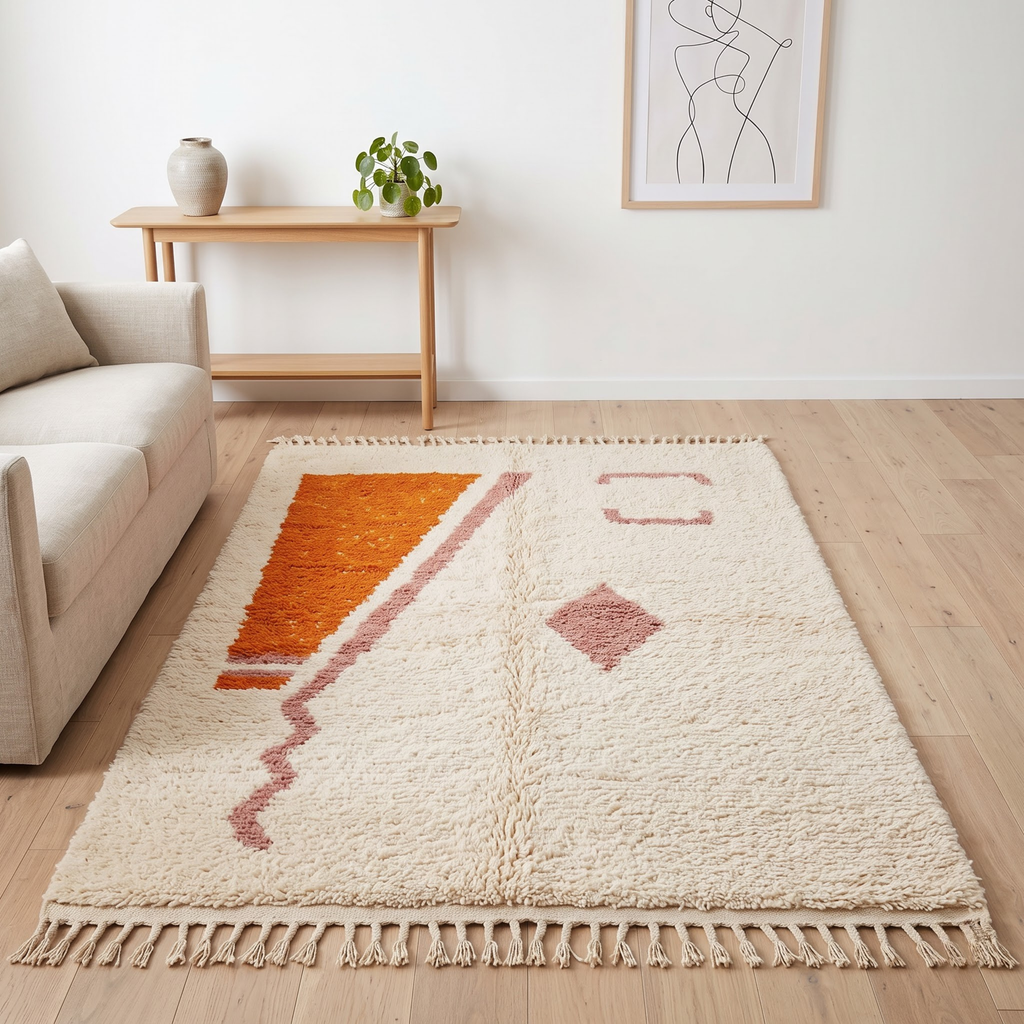 Handmade Moroccan Wool Rug Minimalist Azilal Style | Abstract Geometric Motifs in Terracotta & Dusty Pink Atlas Carpet