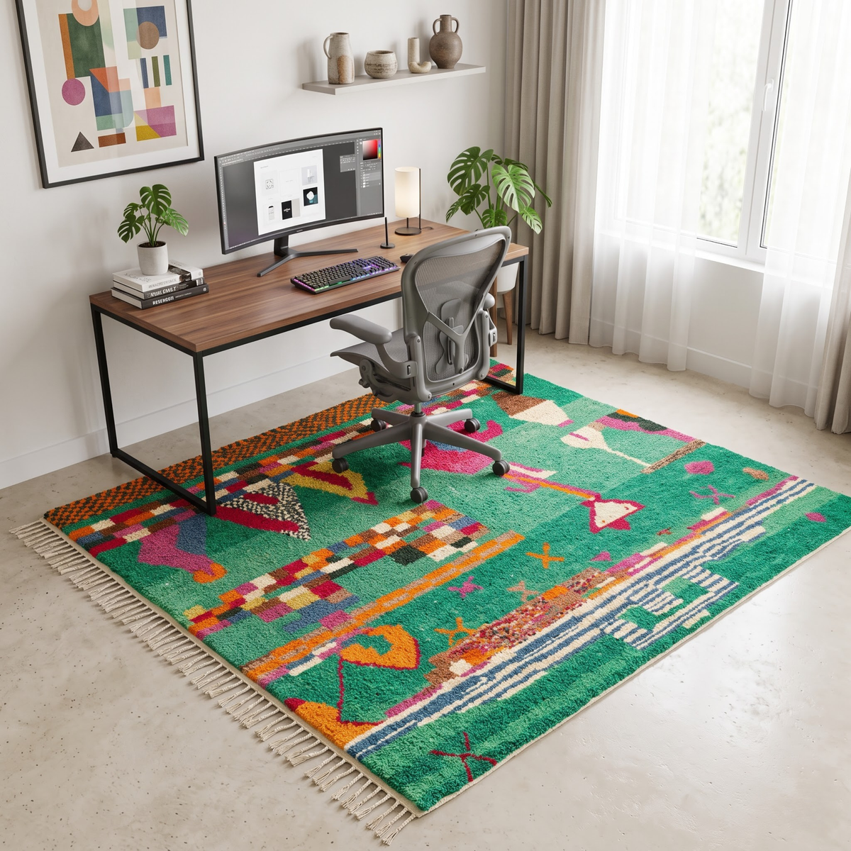 Handmade Moroccan Wool Rug Azilal Style | Emerald Green with Multicolor Tribal Berber Symbols Atlas Carpet