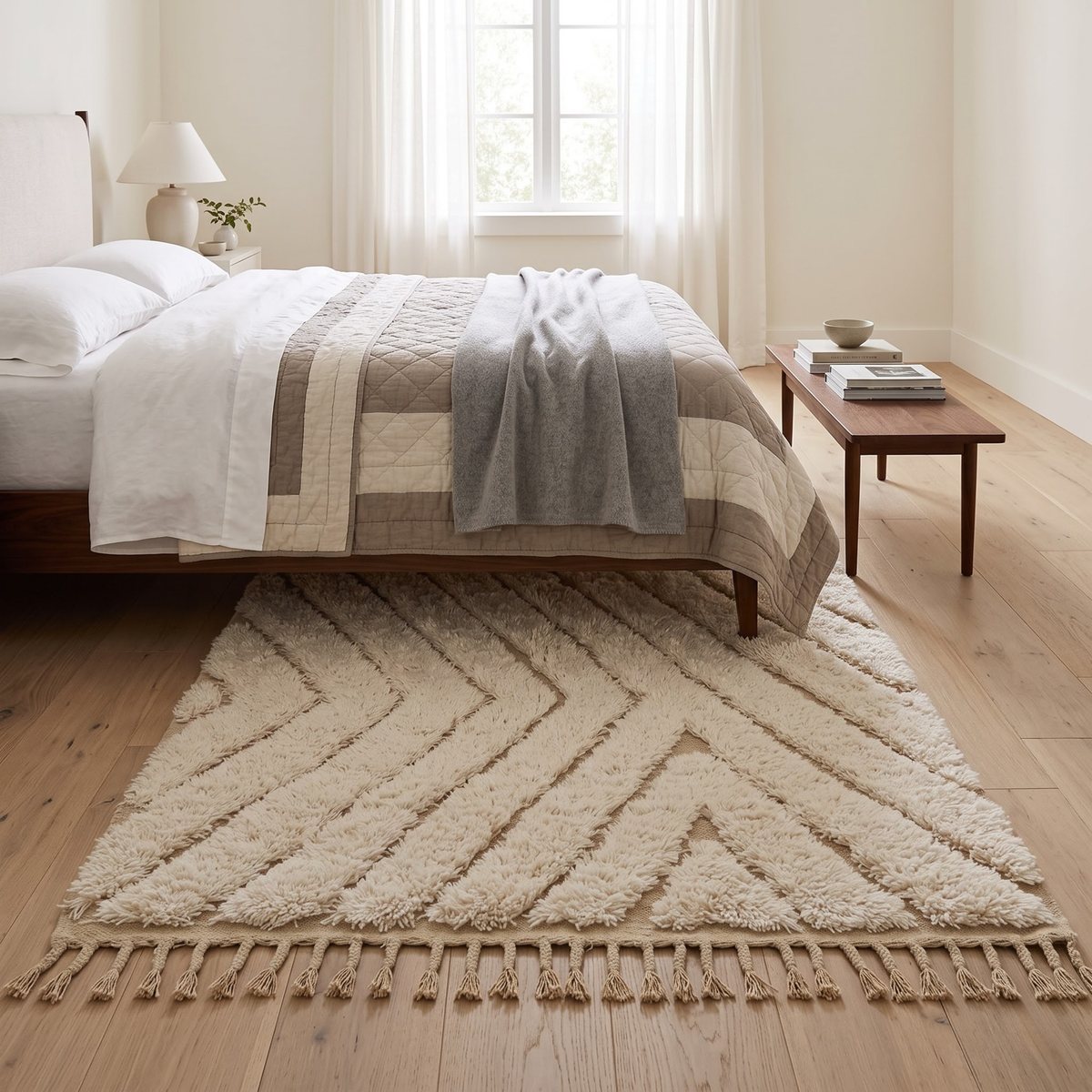 Handmade Moroccan Wool Rug Beni Ourain Style | High-Low 3D Textured Chevron Pattern in Cream & Sand