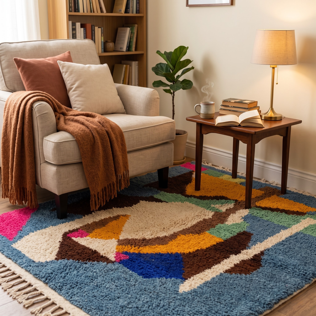 Handmade Moroccan Wool Rug Azilal Style | Abstract Cubist Art Composition in Denim Blue, Ochre & Sage Atlas Carpet