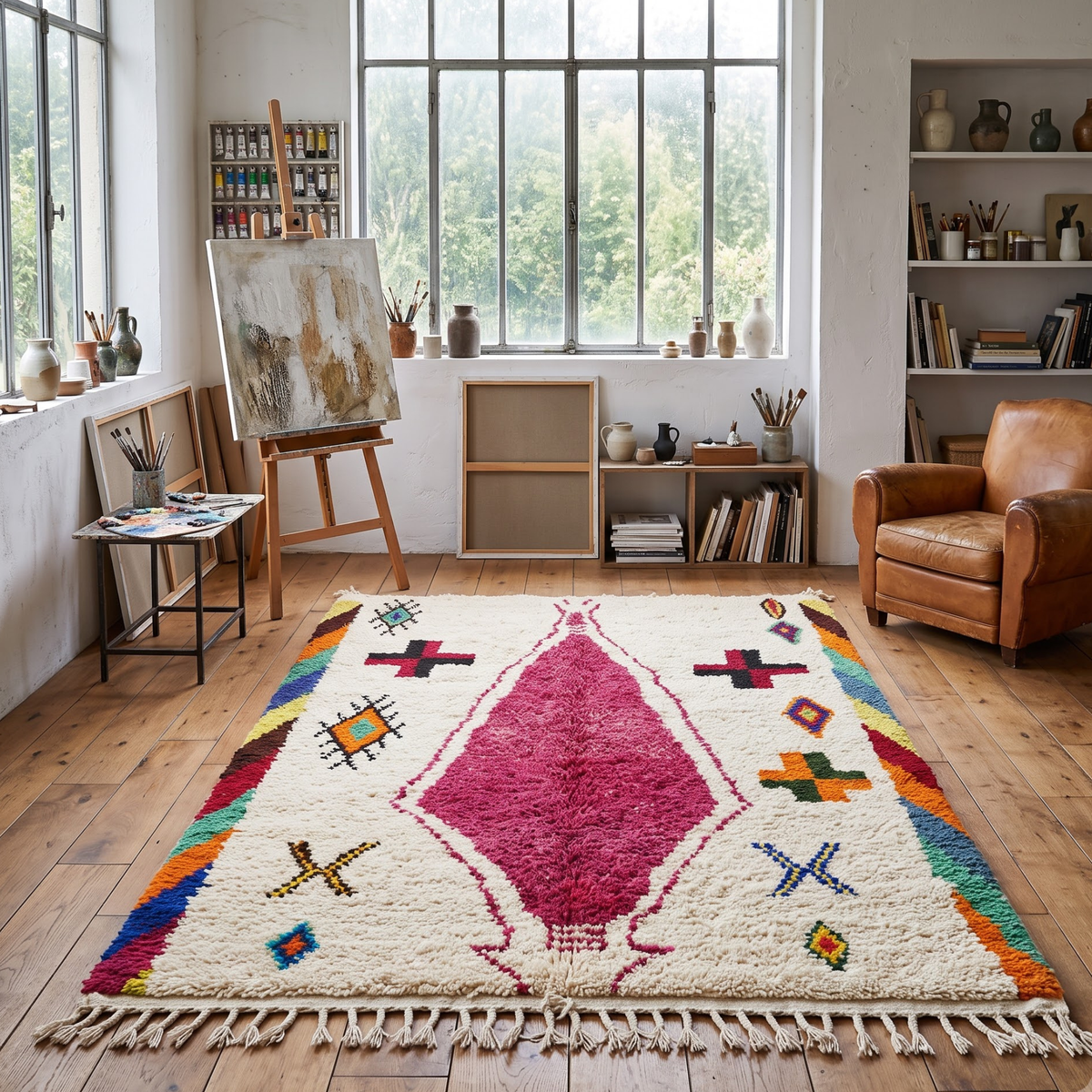 Handmade Moroccan Wool Rug Azilal Style | Magenta Centerpiece & Tribal Cross Symbols on Cream Atlas Carpet