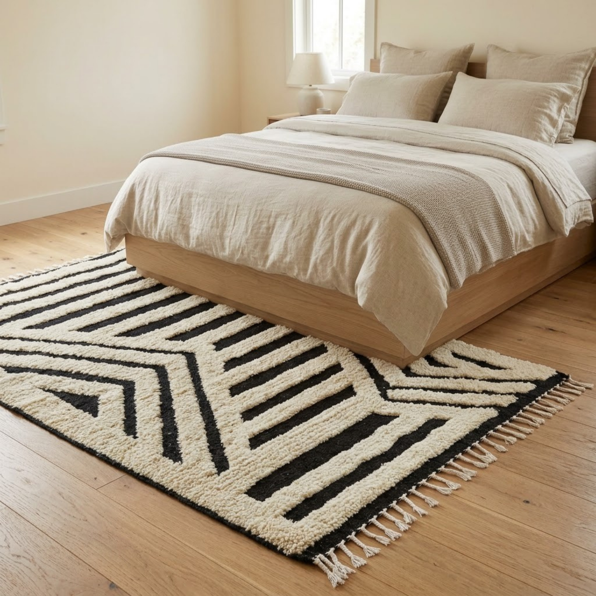 Handmade Moroccan Wool Rug Contemporary Beni Ourain Style | Black & White Striped Chevron Geometric Atlas Carpet