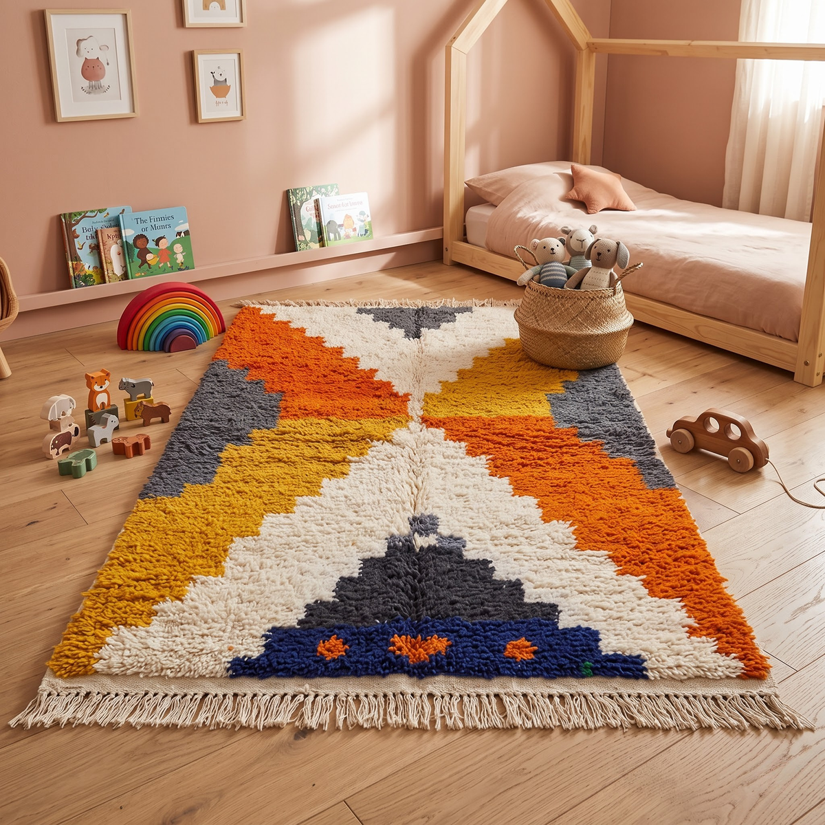 Handmade Moroccan Wool Rug Azilal Style | Stepped Geometric Diamond in Terracotta, Mustard & Slate Grey Atlas Carpet