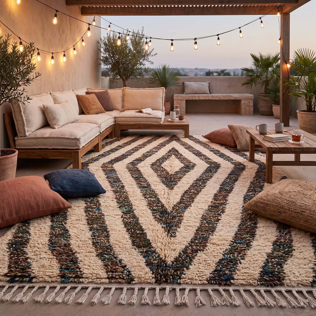 Handmade Moroccan Wool Rug Concentric Heathered Diamond Pattern | Natural Earth Tone Atlas Berber Carpet
