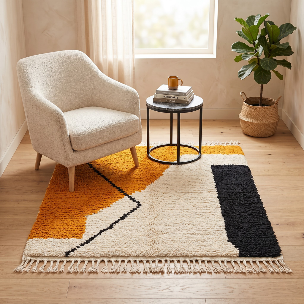 Handmade Moroccan Wool Rug Contemporary Azilal Style | Geometric Color Block in Mustard Ochre, Charcoal & Ivory Atlas Carpet
