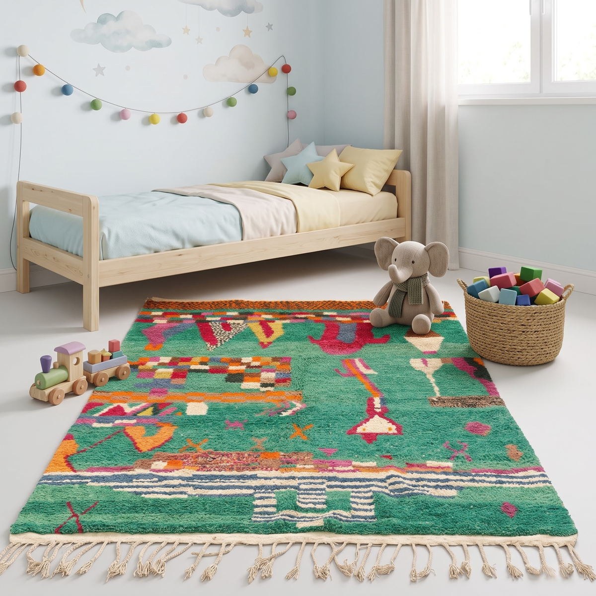 Handmade Moroccan Wool Rug Azilal Style | Emerald Green with Multicolor Tribal Berber Symbols Atlas Carpet