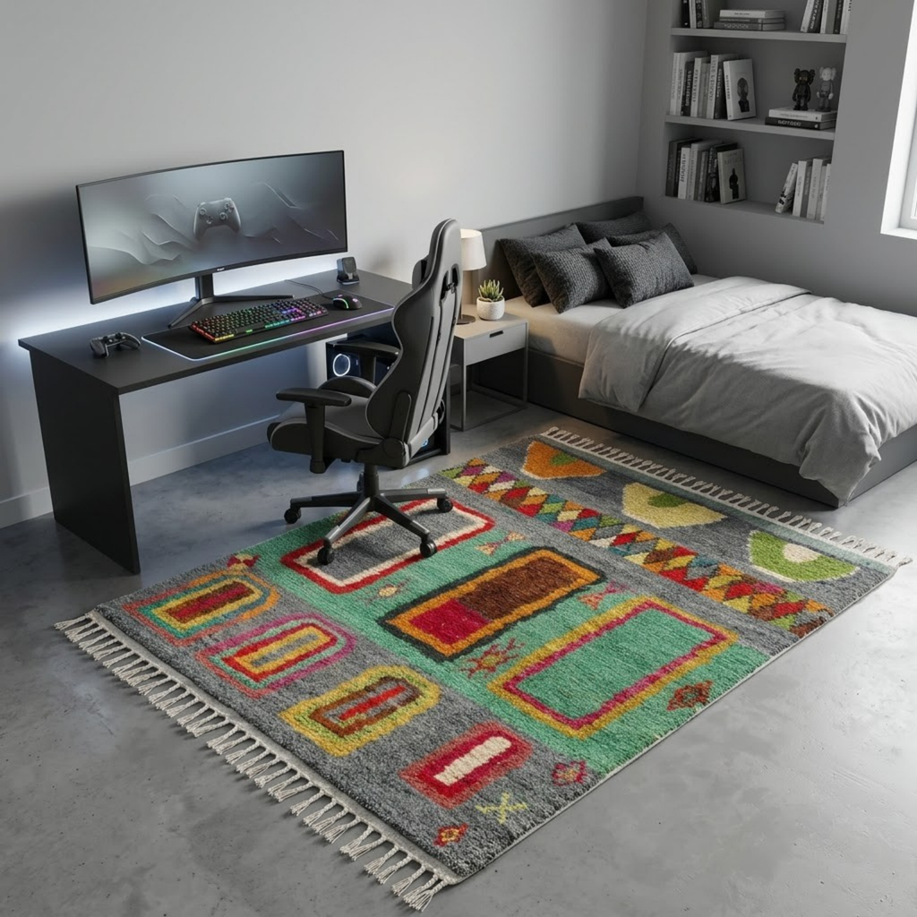 Handmade Moroccan Wool Rug Azilal Style | Architectural Portals & Arches in Slate Grey & Mint Green Atlas Carpet