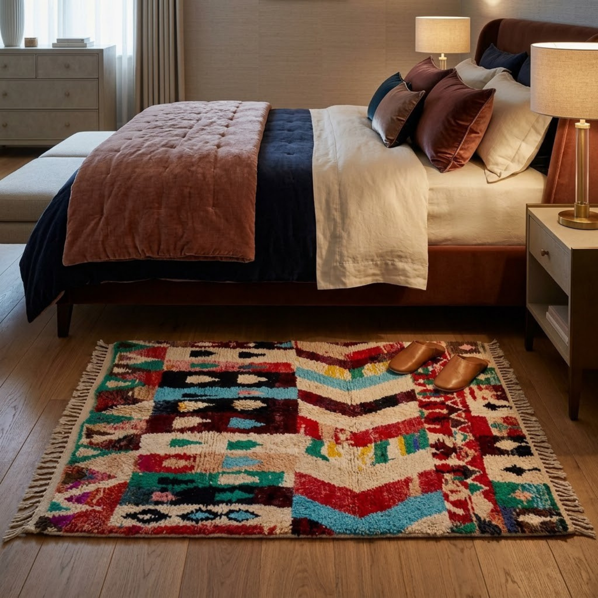 Handmade Moroccan Wool Rug Azilal Style | Vibrant Multicolor Tribal Chevron & Talisman Atlas Carpet