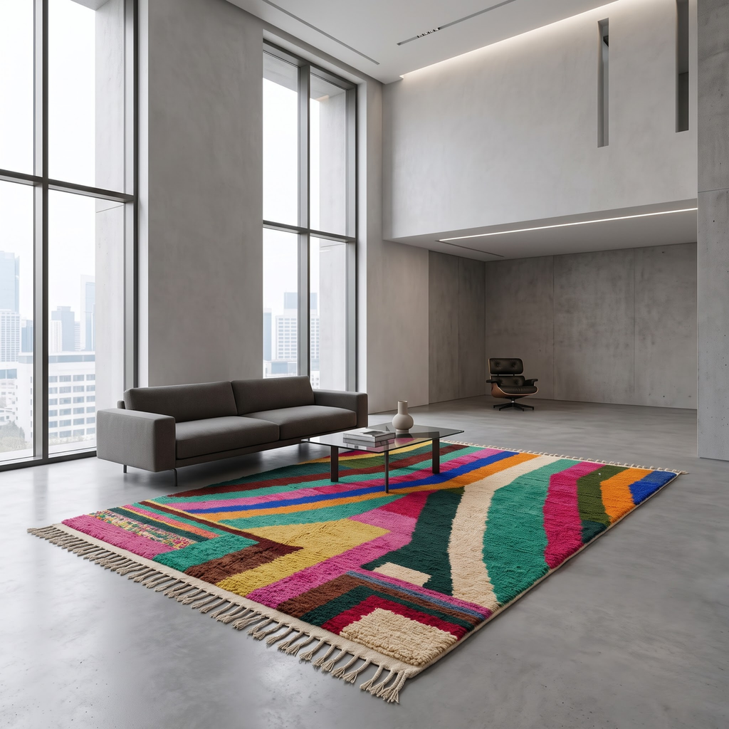 Handmade Moroccan Wool Rug Azilal Style | Vibrant Multicolor Striped & Color Block Atlas Carpet
