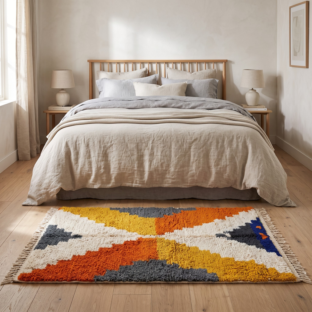 Handmade Moroccan Wool Rug Azilal Style | Stepped Geometric Diamond in Terracotta, Mustard & Slate Grey Atlas Carpet