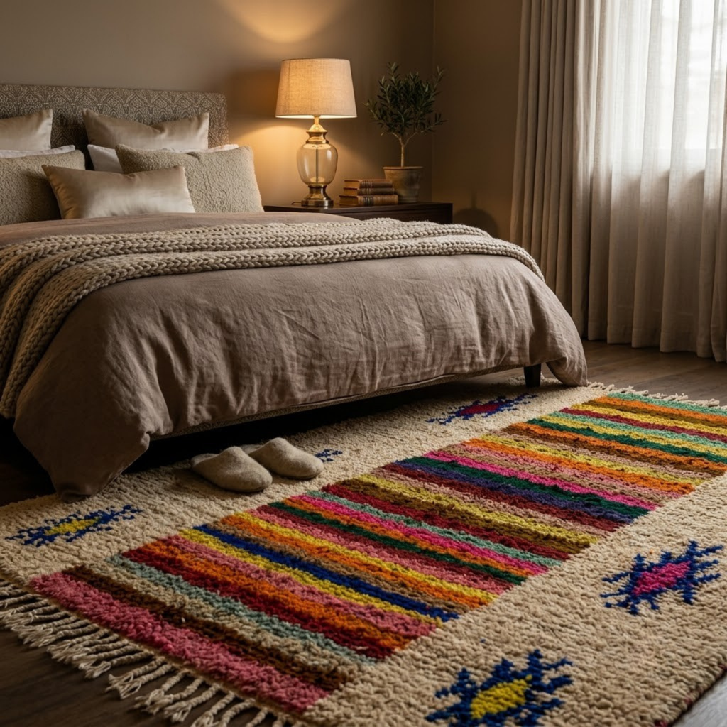 Handmade Moroccan Wool Rug Azilal Style | Multicolor Striped Center & Protective Talismans on Sand Atlas Carpet