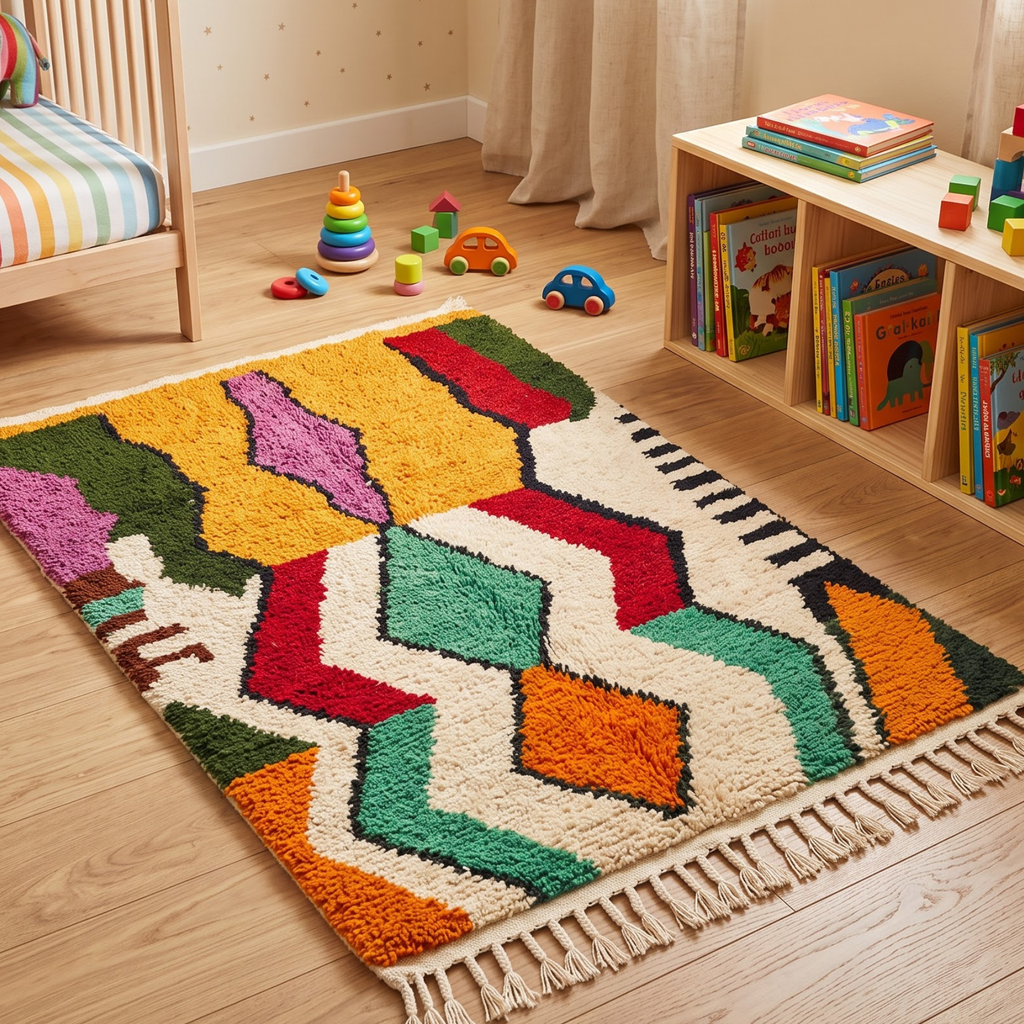 Handmade Moroccan Wool Rug Vibrant Abstract Ethnic Motif | Colorful Atlas Berber Carpet