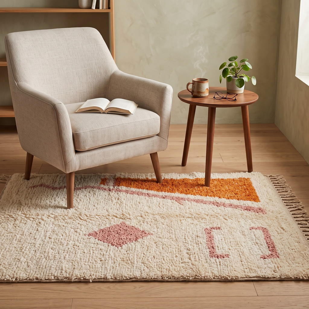 Handmade Moroccan Wool Rug Minimalist Azilal Style | Abstract Geometric Motifs in Terracotta & Dusty Pink Atlas Carpet