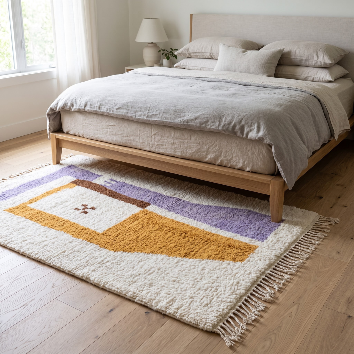 Handmade Moroccan Wool Rug Azilal Style | Abstract Minimalist Color Block in Lavender, Ochre & Cream Atlas Carpet