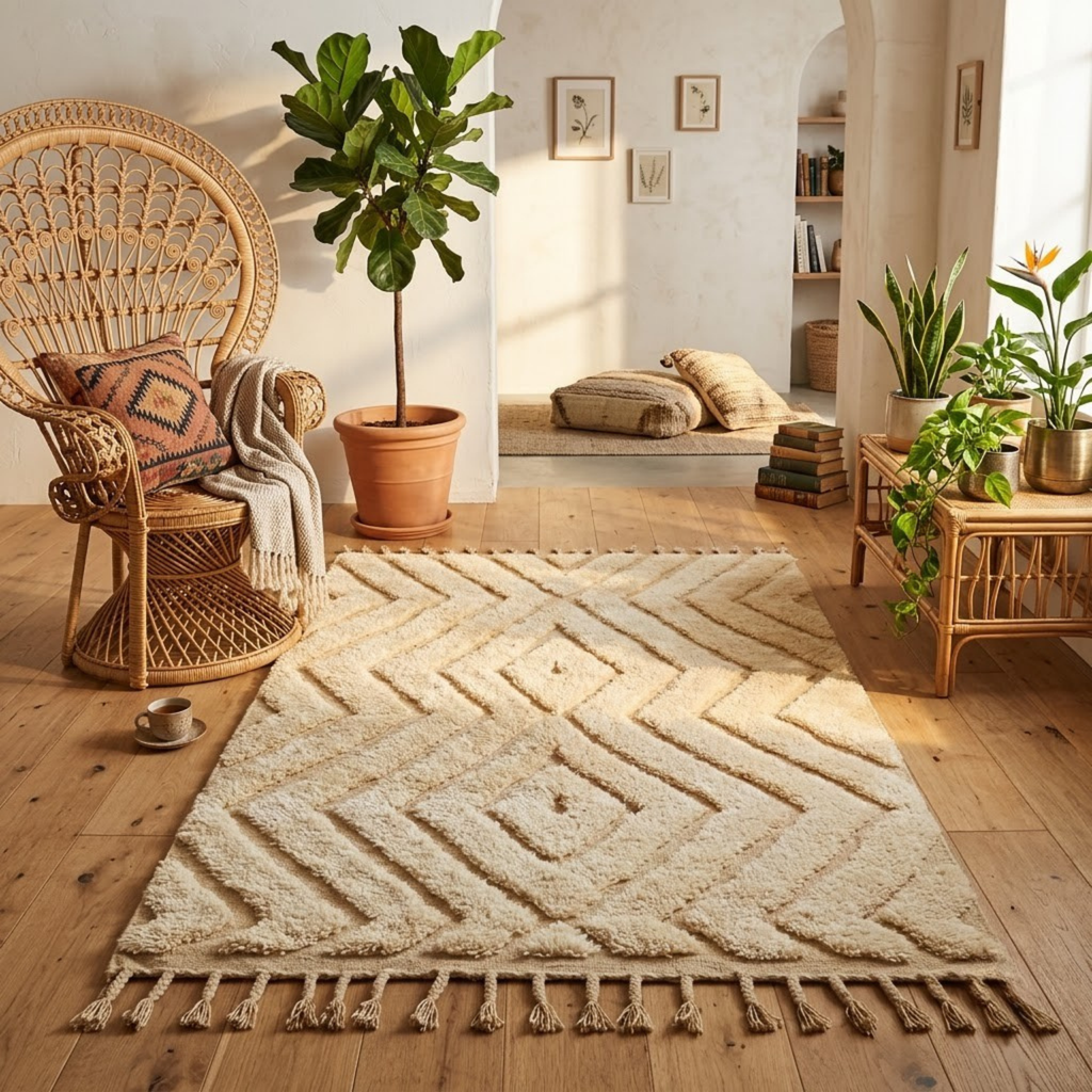 Handmade Moroccan Wool Rug Beni Ourain Style | High-Low 3D Textured Diamond & Chevron Pattern in Sand Beige
