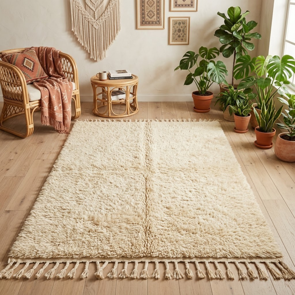 Handmade Moroccan Wool Rug Plain Beni Ourain Style | Solid Natural Sand & Cream High-Pile Atlas Carpet