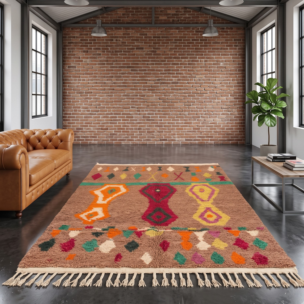 Handmade Moroccan Wool Rug Azilal / Boujaad Style | Mocha Brown Field with Tribal Urn & Talisman Motifs Atlas Carpet