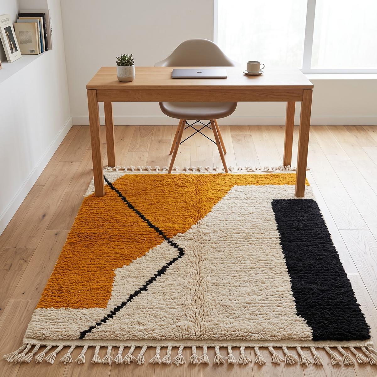 Handmade Moroccan Wool Rug Contemporary Azilal Style | Geometric Color Block in Mustard Ochre, Charcoal & Ivory Atlas Carpet