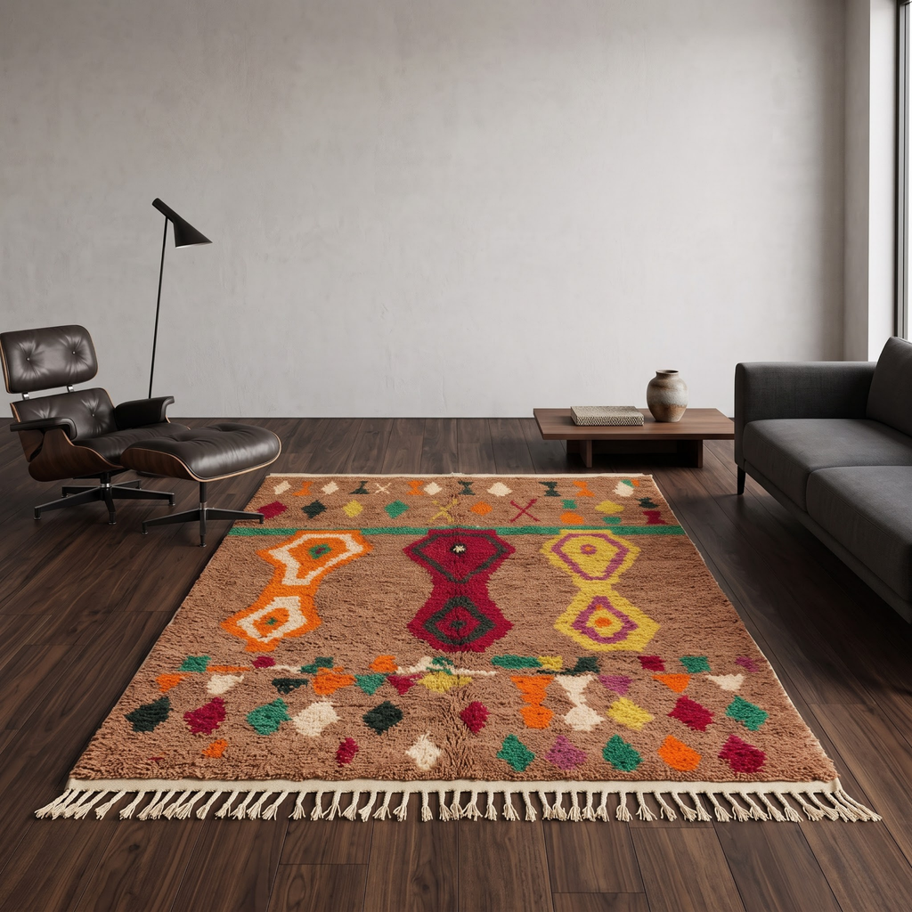 Handmade Moroccan Wool Rug Azilal / Boujaad Style | Mocha Brown Field with Tribal Urn & Talisman Motifs Atlas Carpet