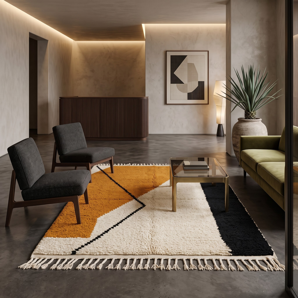 Handmade Moroccan Wool Rug Contemporary Azilal Style | Geometric Color Block in Mustard Ochre, Charcoal & Ivory Atlas Carpet