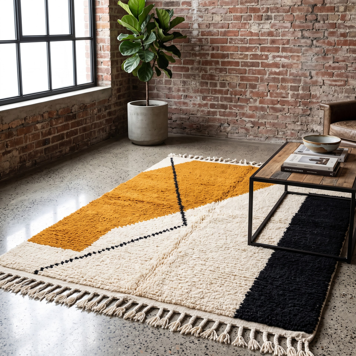 Handmade Moroccan Wool Rug Contemporary Azilal Style | Geometric Color Block in Mustard Ochre, Charcoal & Ivory Atlas Carpet