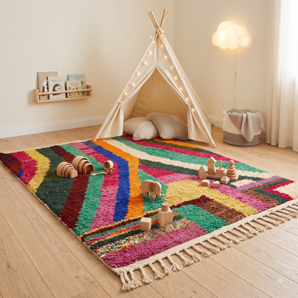 Handmade Moroccan Wool Rug Azilal Style | Vibrant Multicolor Striped & Color Block Atlas Carpet