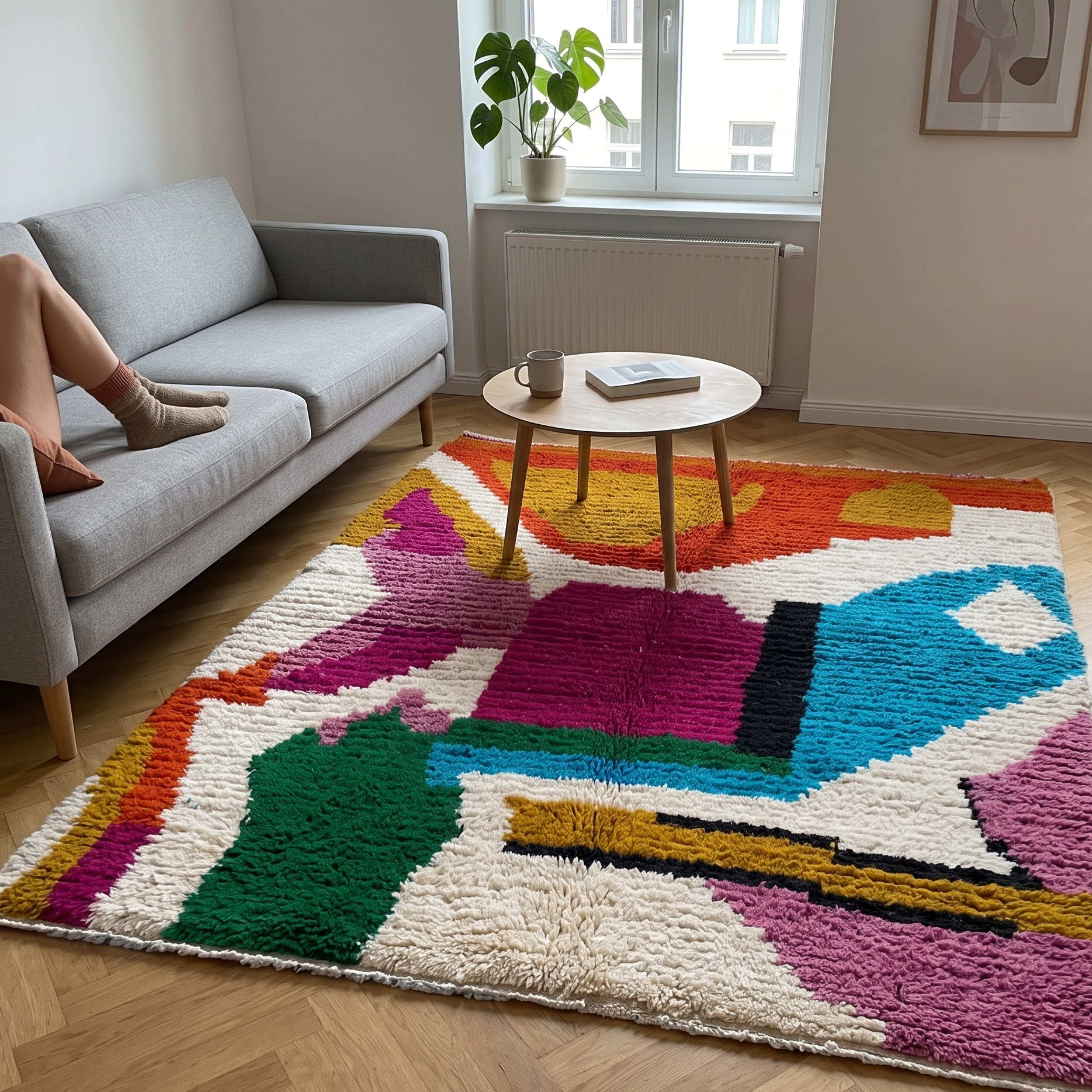 Handmade Moroccan Azilal Wool Rug – Vibrant Abstract Modernist Shag Rug