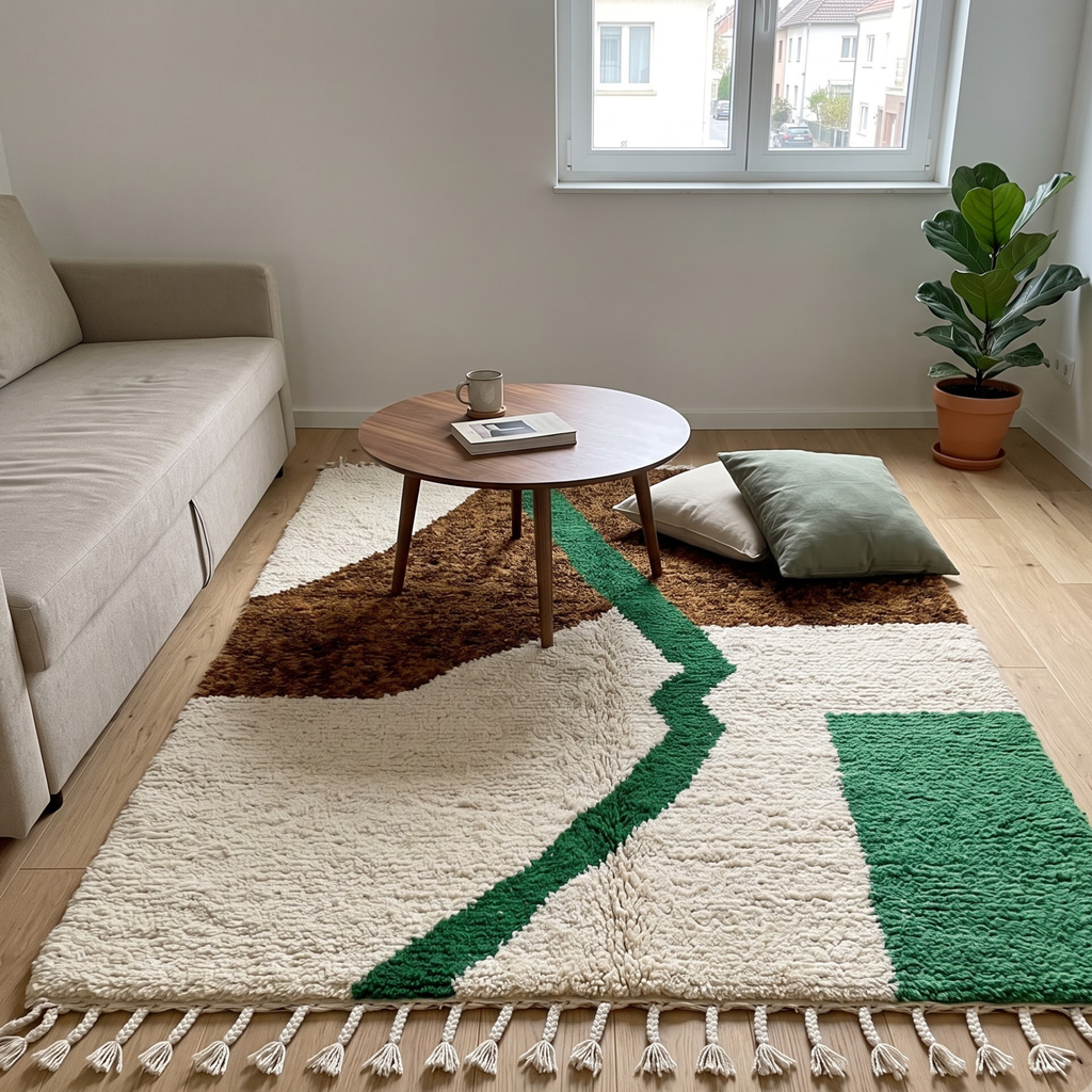 Handmade Moroccan Wool Rug – Earthy Brown, Emerald Green & Cream Abstract Shag Rug