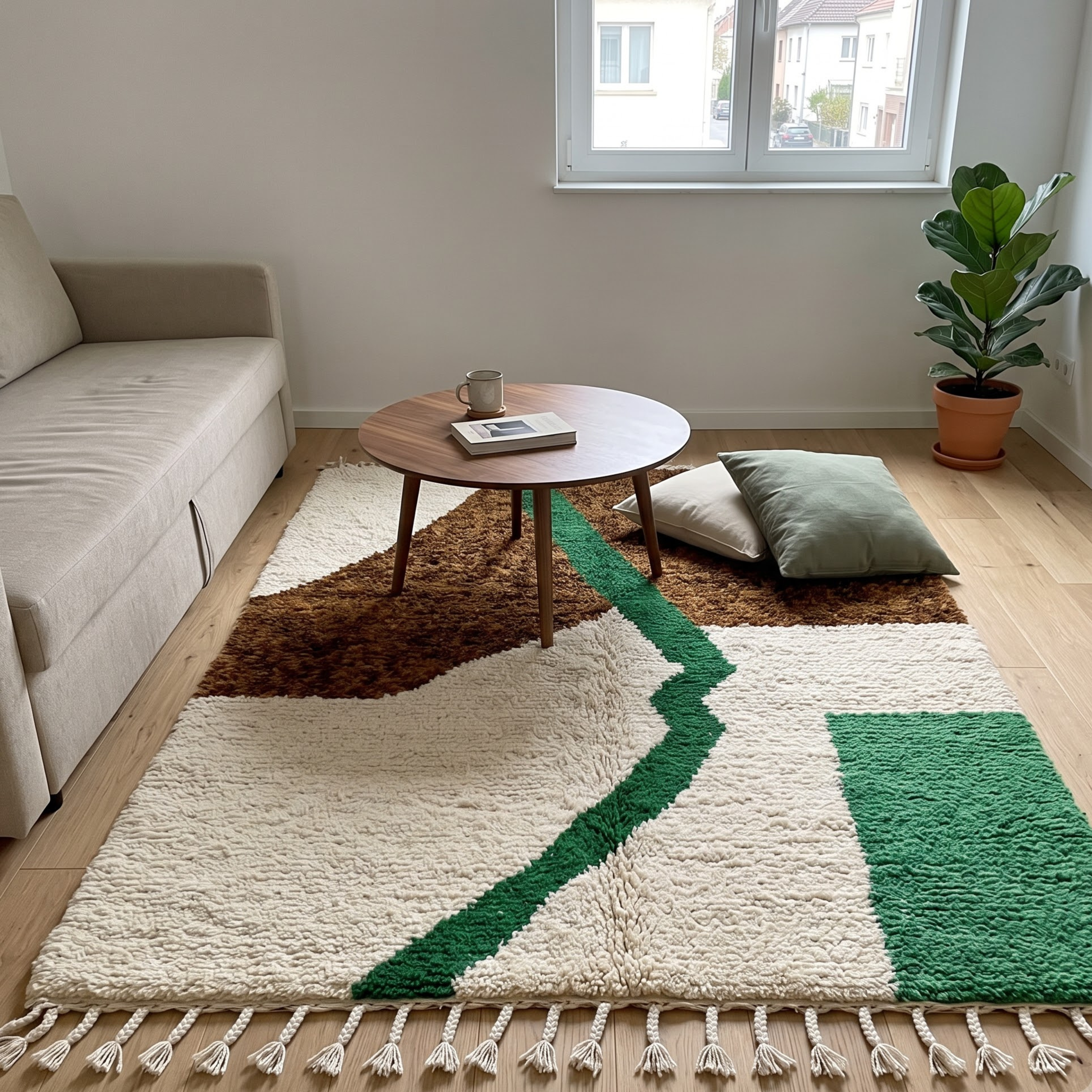 Handmade Moroccan Wool Rug – Earthy Brown, Emerald Green & Cream Abstract Shag Rug