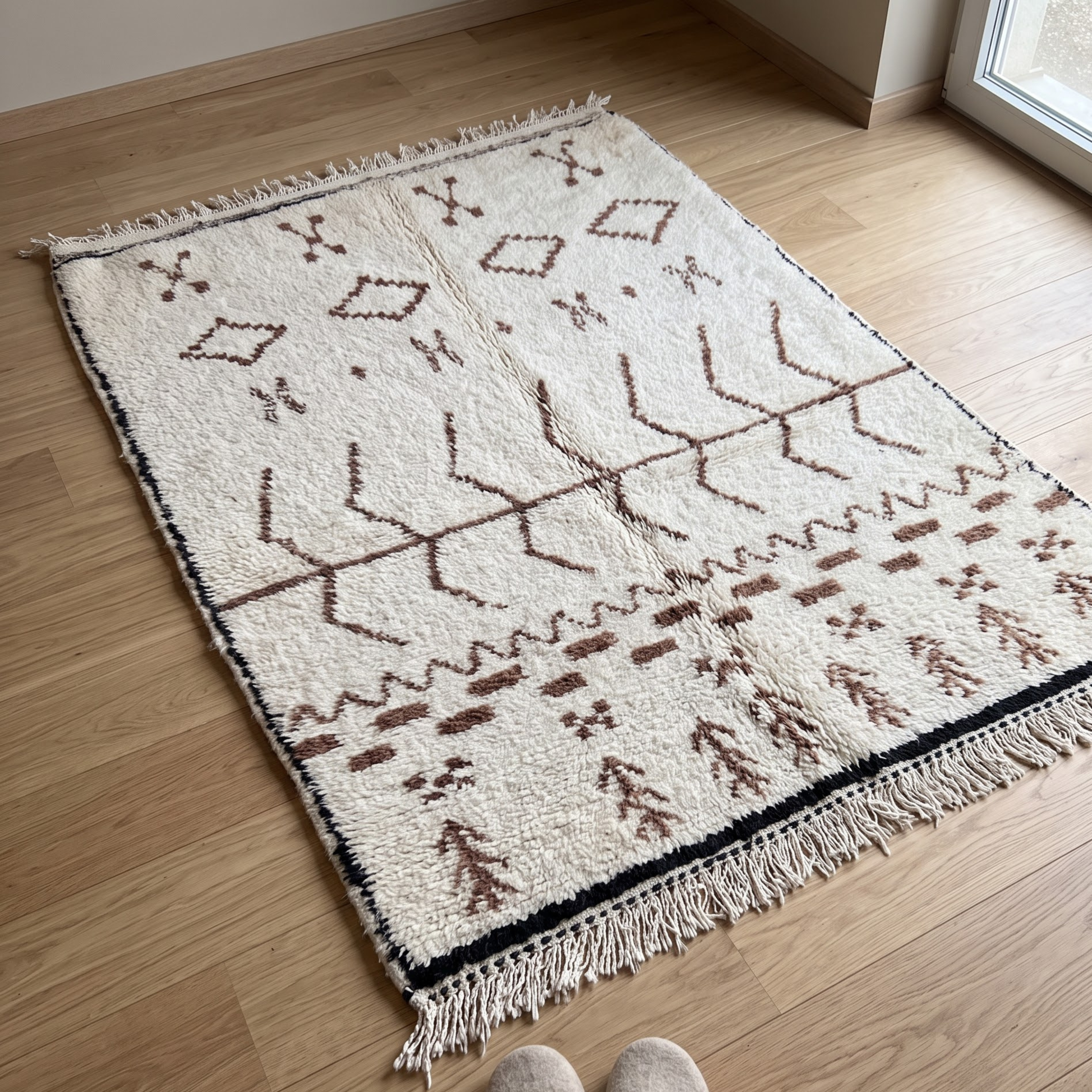 Handmade Moroccan Beni Ourain Wool Rug – Ivory Shag with Brown Tribal Talismans