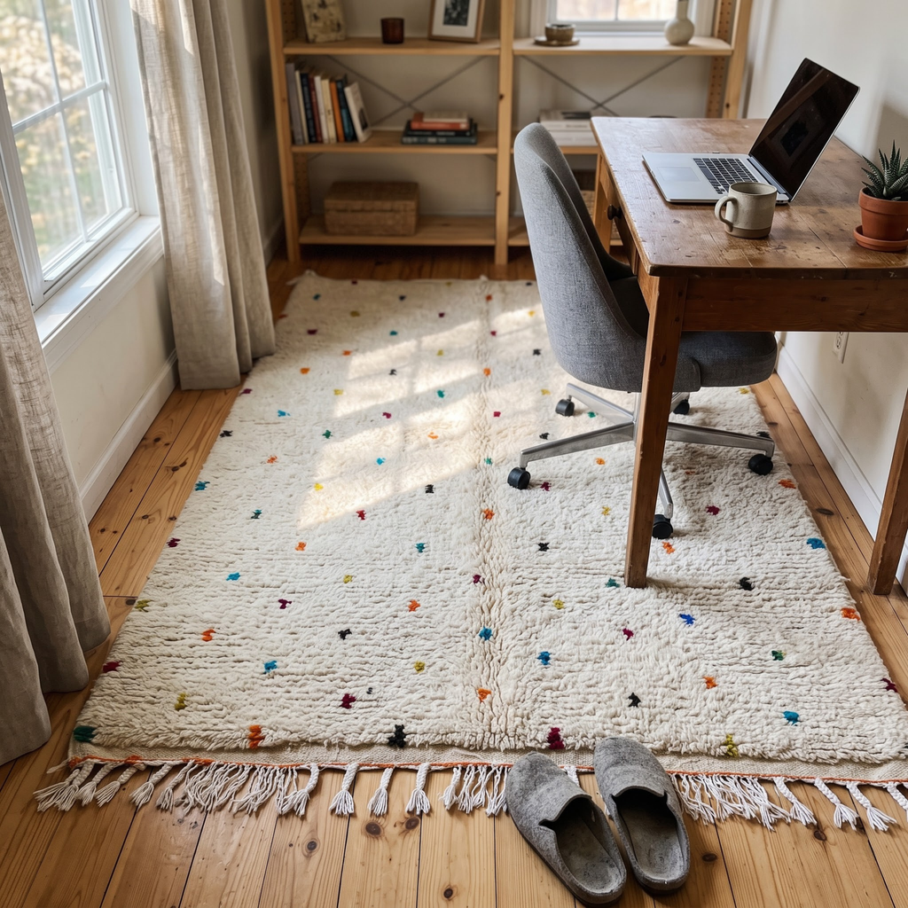 Handmade Moroccan Beni Ourain Wool Rug – Ivory Shag with Multicolor Confetti Polka Dots