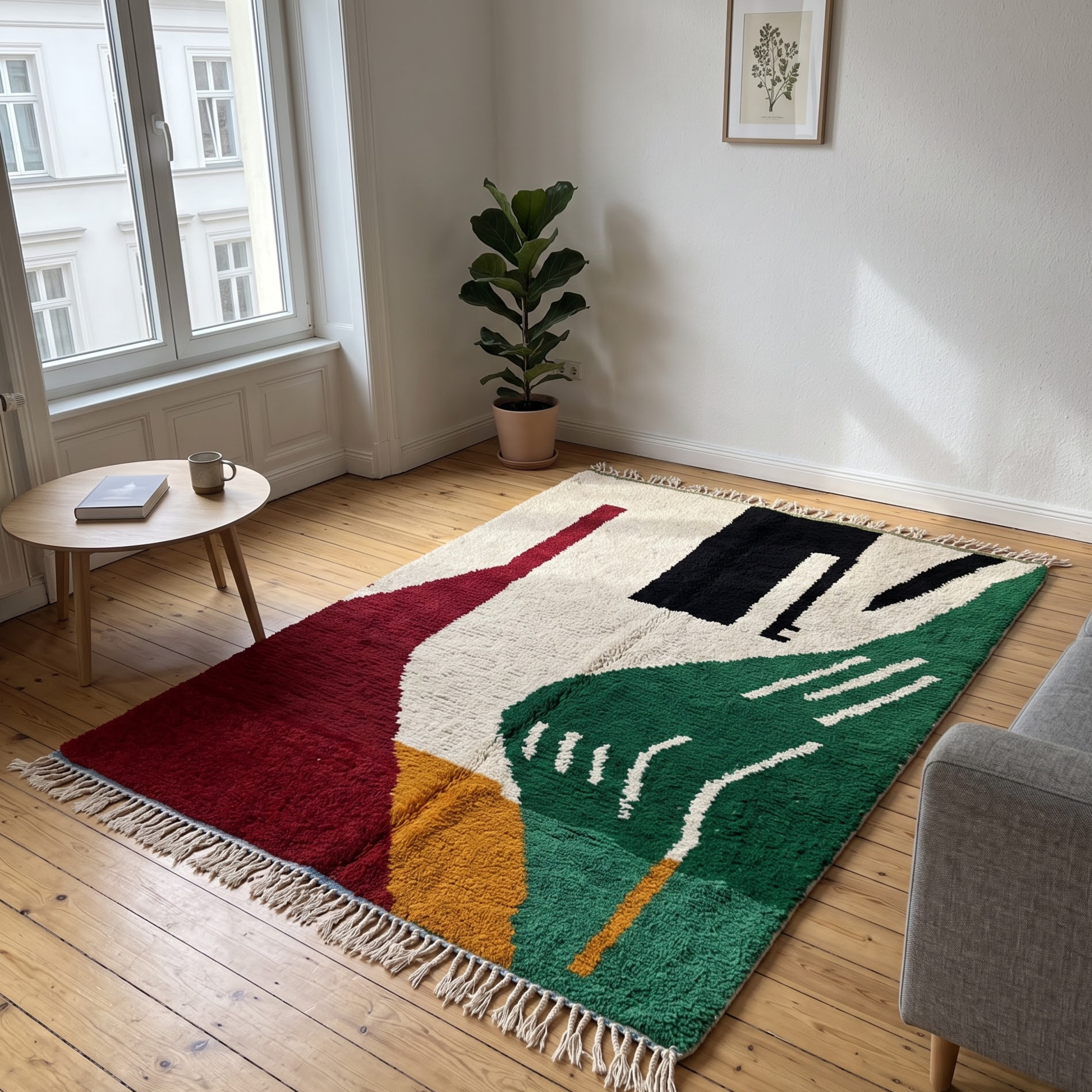 Handmade Moroccan Azilal Wool Rug – Emerald Green, Terracotta & Black Abstract Shag Rug
