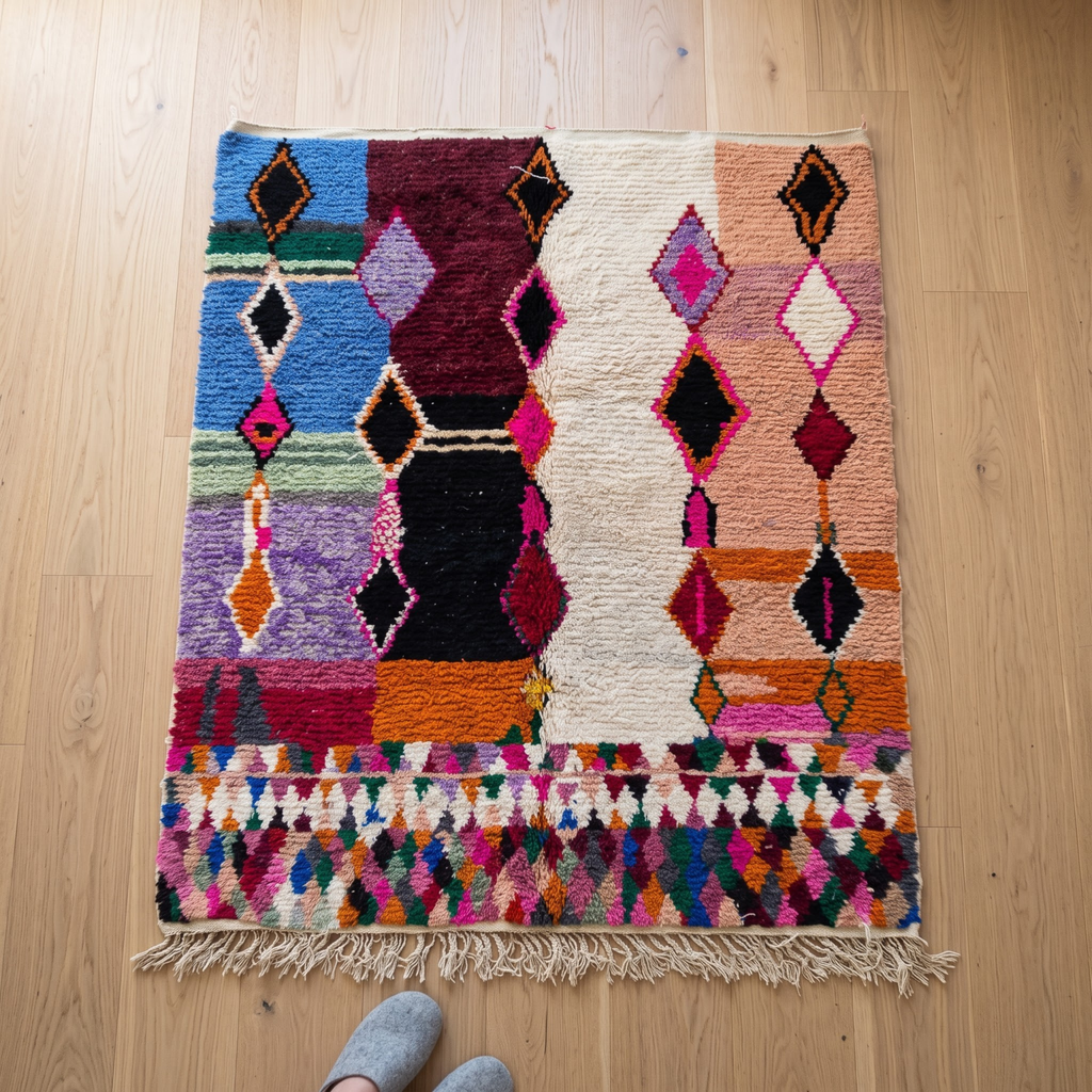Handmade Moroccan Azilal Wool Rug – Pastel & Jewel Tone Color-Block Shag Rug