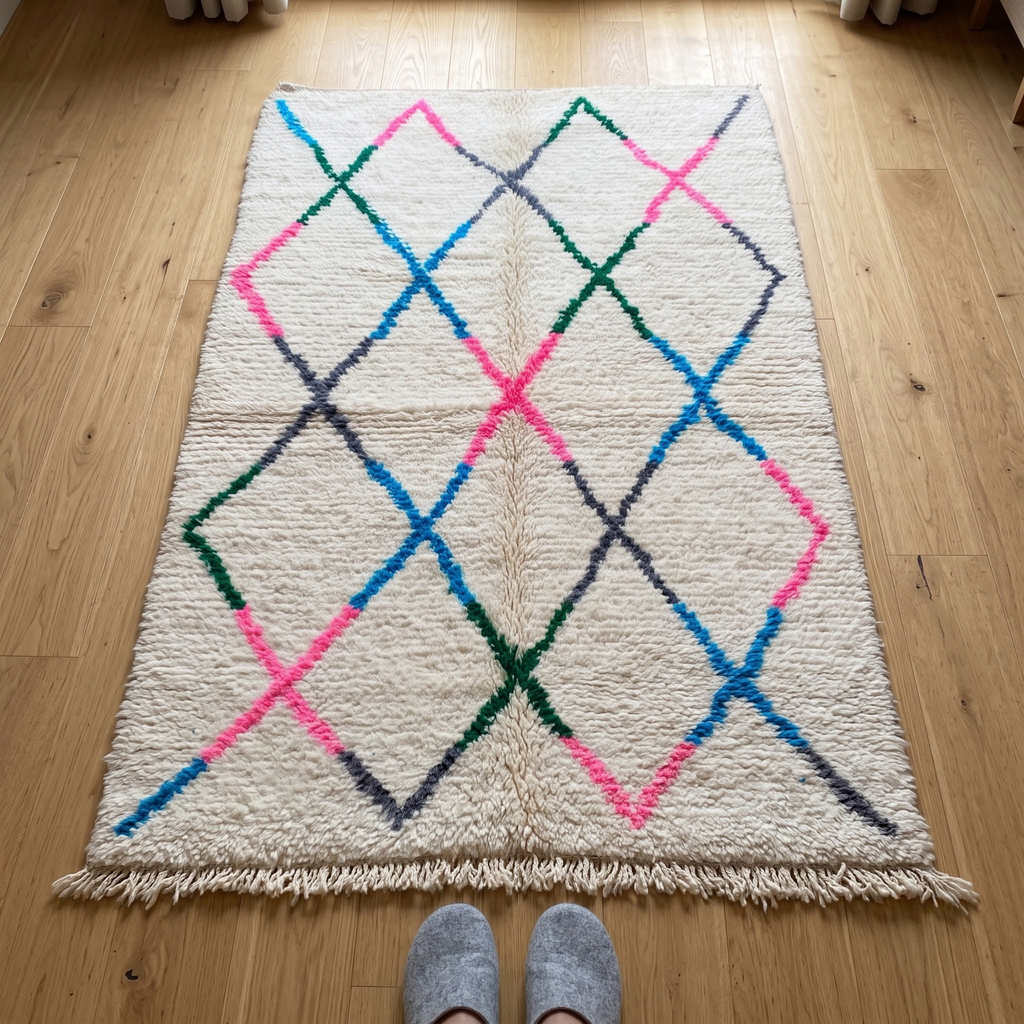Handmade Moroccan Beni Ourain Wool Rug – Ivory Shag with Multicolor Diamond Trellis