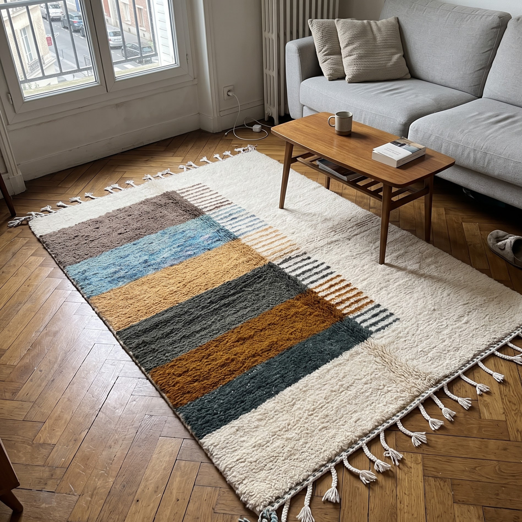 Hand-Knotted Moroccan Area Rug in Natural Cream with Striped Earth Panel