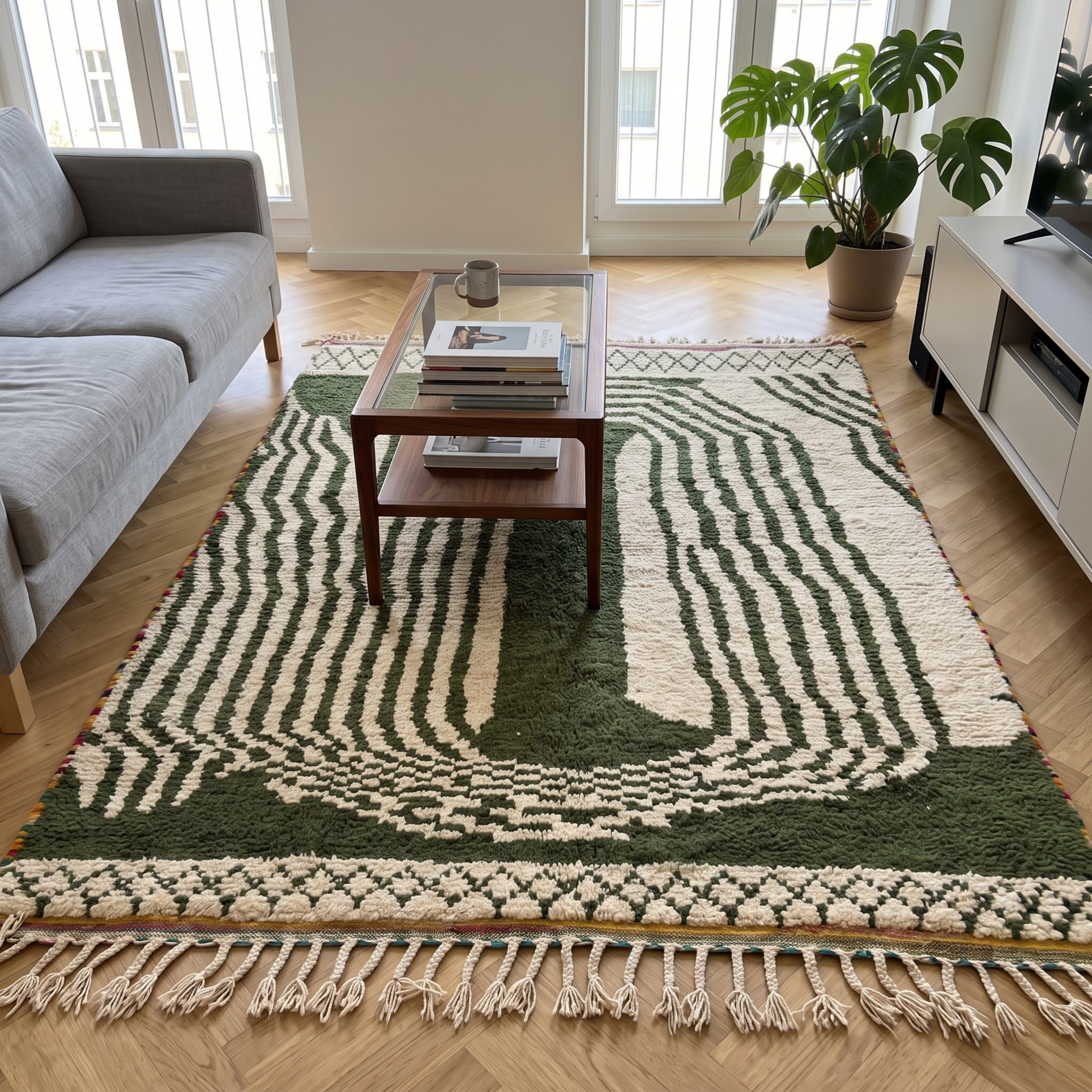 Handmade Moroccan Olive Green & Ivory Wool Rug – Architectural Arch & Wave Shag Rug