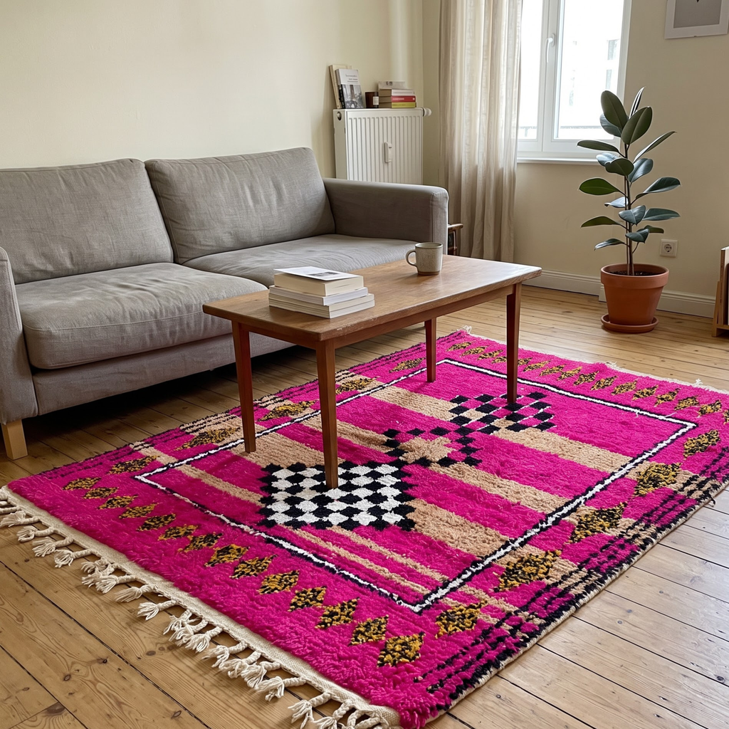 Handmade Moroccan Azilal Wool Rug – Hot Pink & Sand Checkerboard Totem Shag Rug