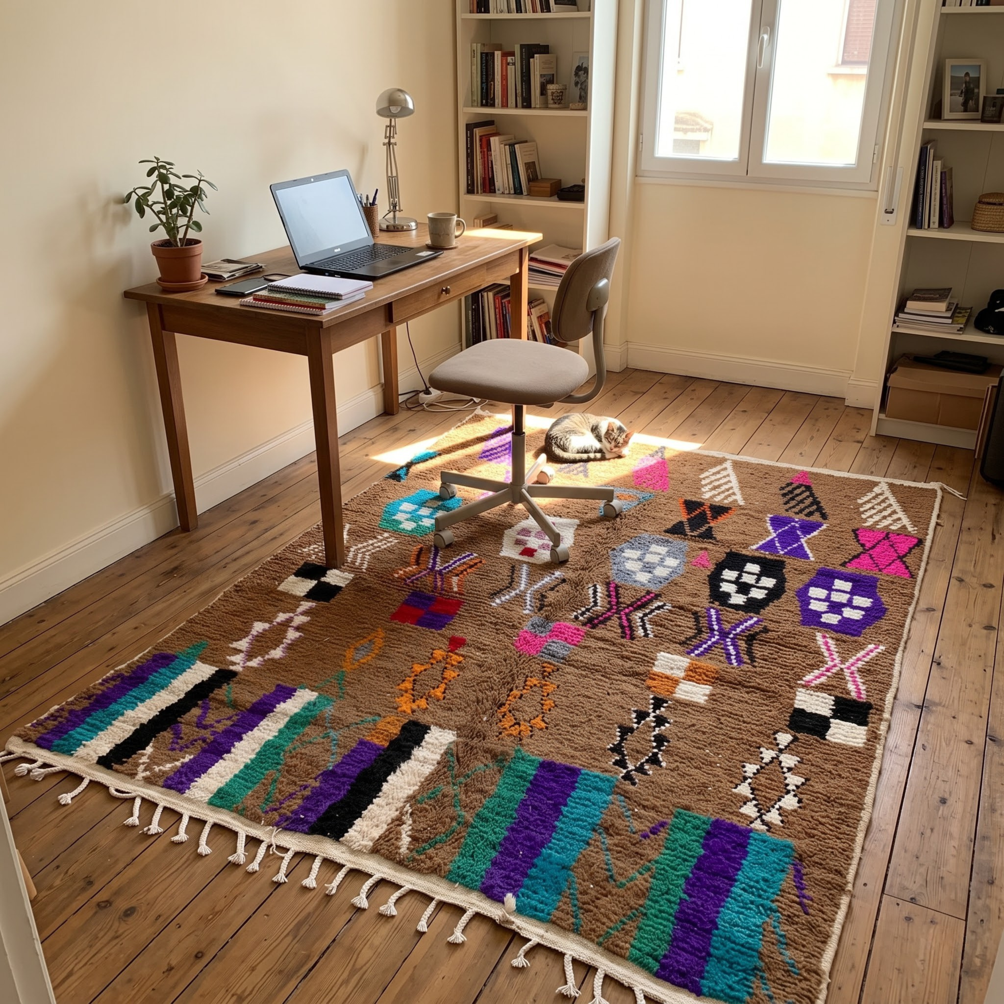 Handmade Moroccan Azilal Wool Rug – Cocoa Brown Shag with Multicolor Tribal Symbols