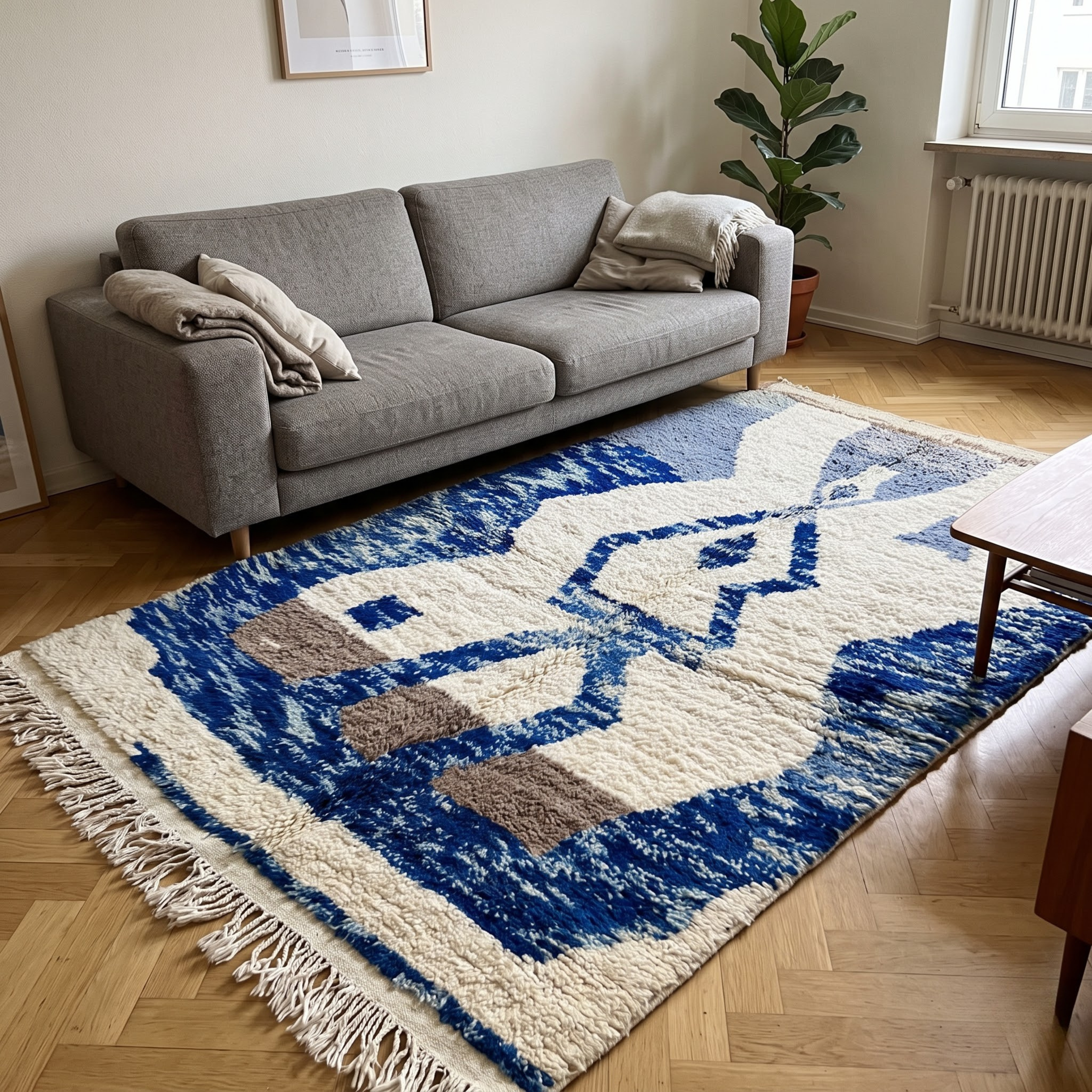 Handmade Moroccan Wool Rug – Indigo Blue & Ivory Abstract Sculptural Shag Rug