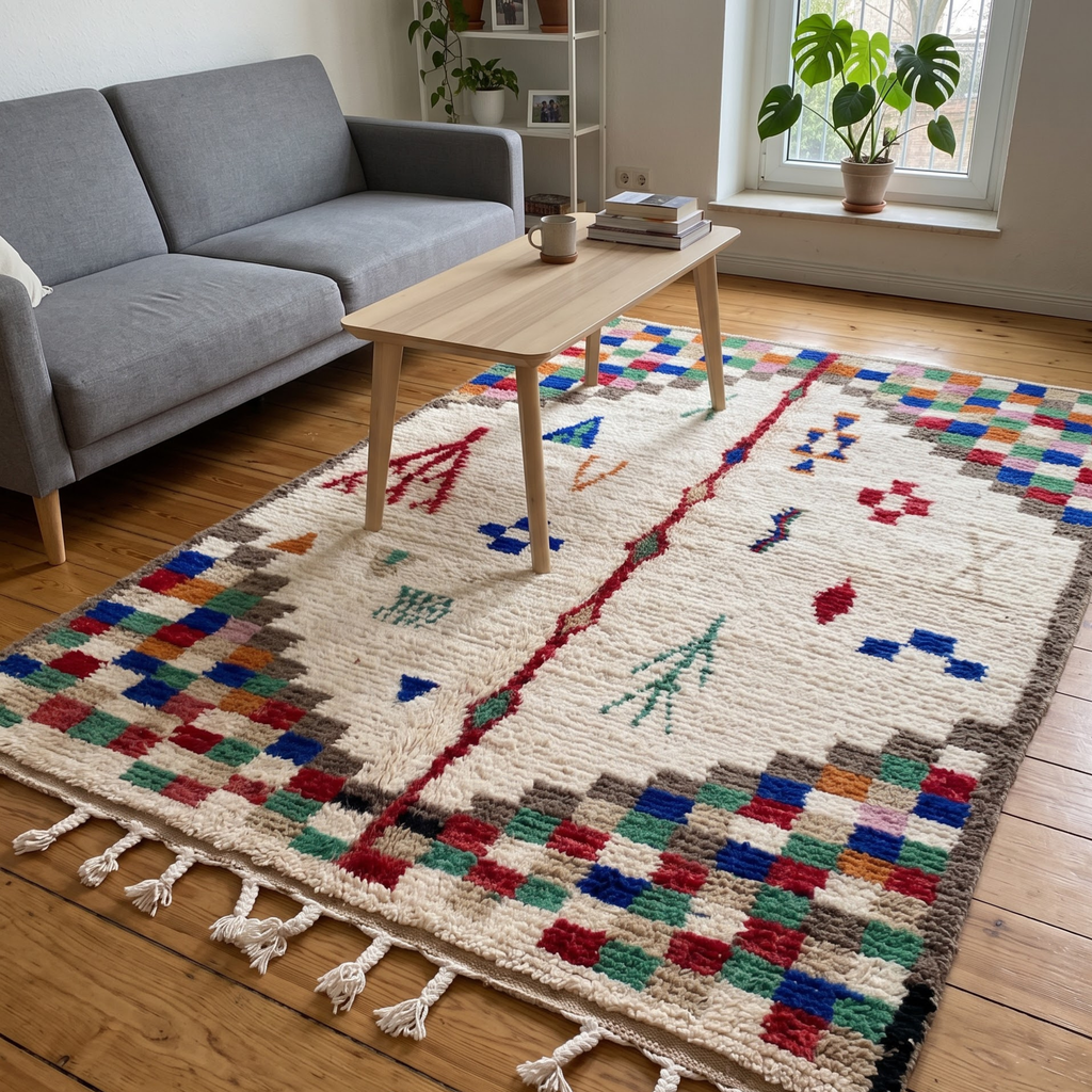 Handmade Moroccan Azilal Wool Rug – Cream Shag with Multicolor Pixel Checkerboard