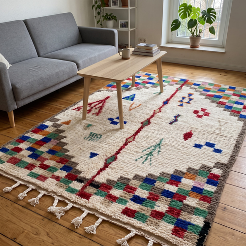 Handmade Moroccan Azilal Wool Rug – Cream Shag with Multicolor Pixel Checkerboard