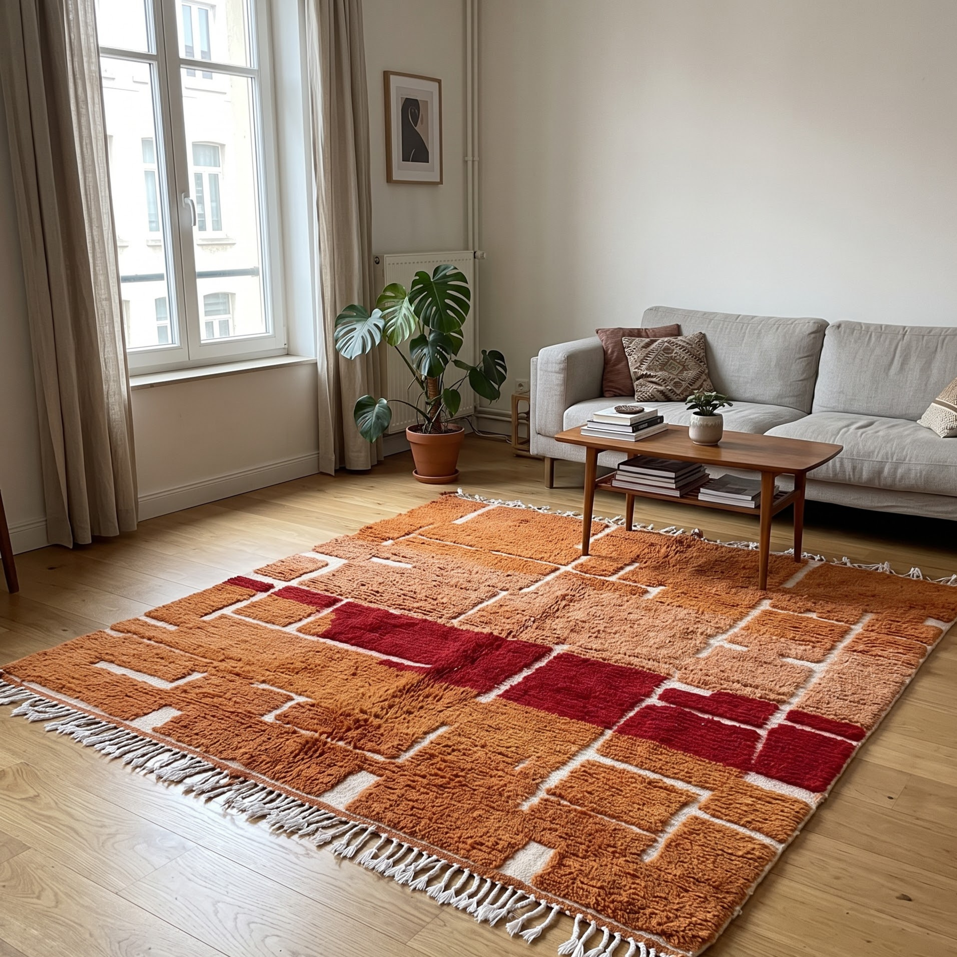Handmade Moroccan Wool Rug – Terracotta, Ochre & Brick Red Geometric Block Shag Rug