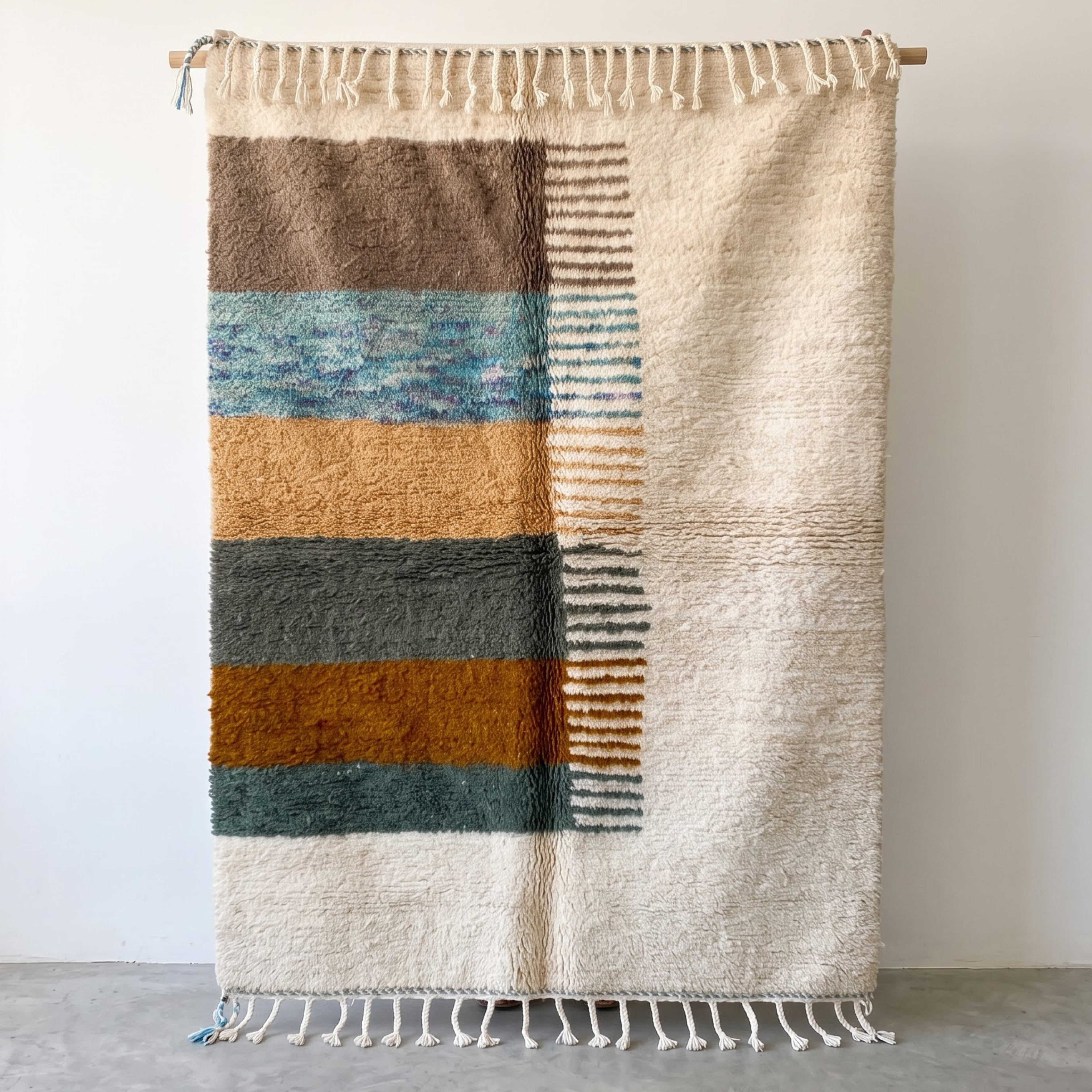 Hand-Knotted Moroccan Area Rug in Natural Cream with Striped Earth Panel