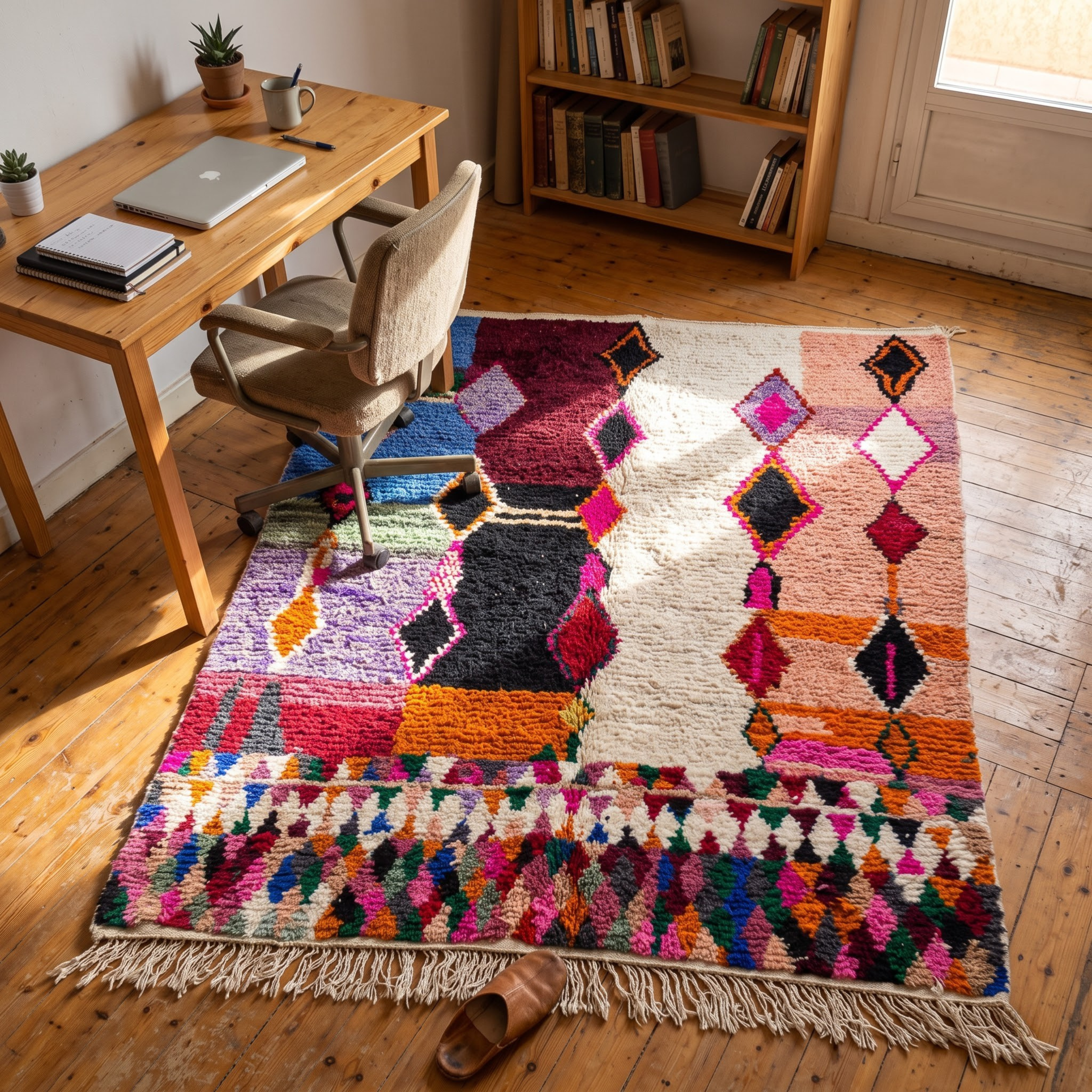 Handmade Moroccan Azilal Wool Rug – Pastel & Jewel Tone Color-Block Shag Rug