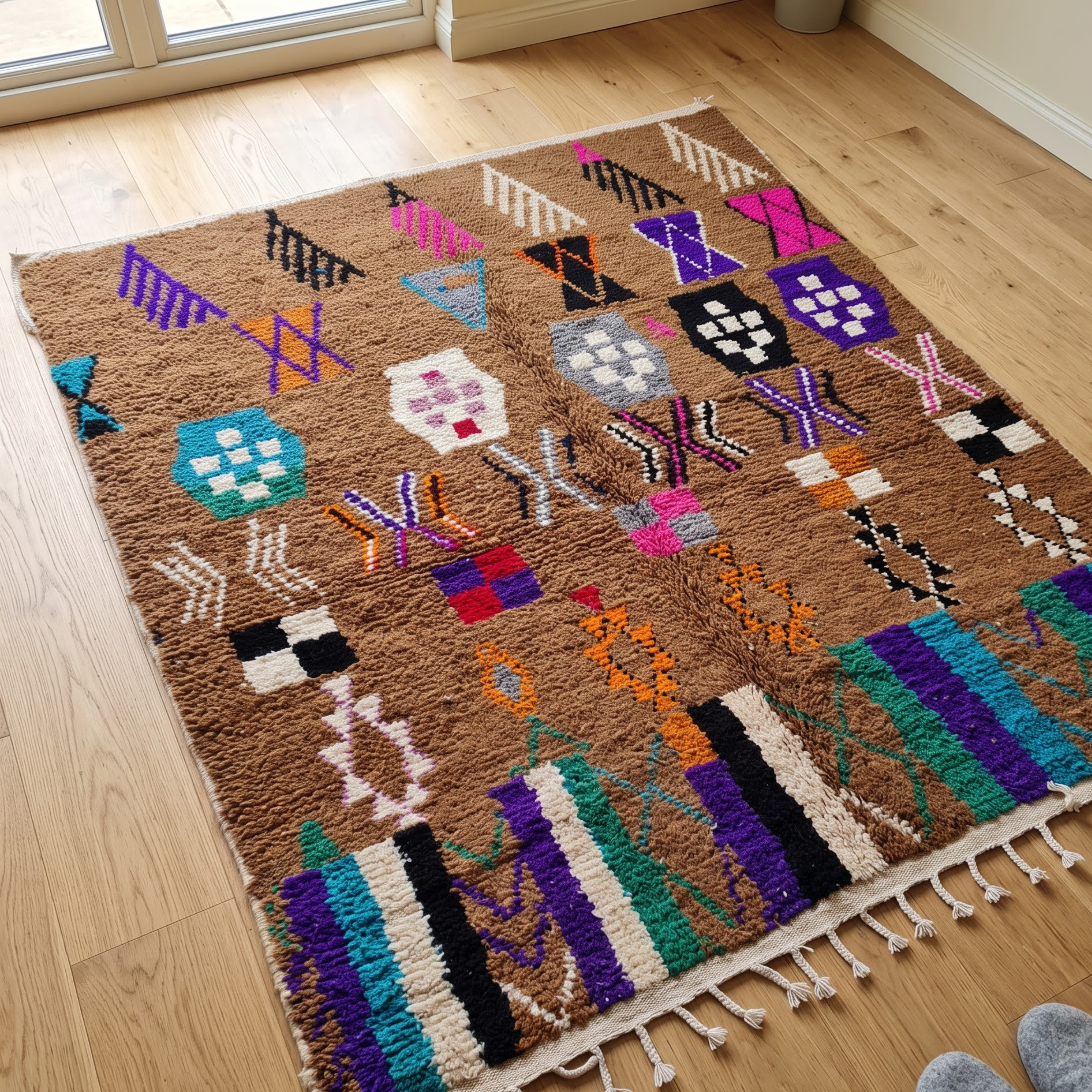 Handmade Moroccan Azilal Wool Rug – Cocoa Brown Shag with Multicolor Tribal Symbols