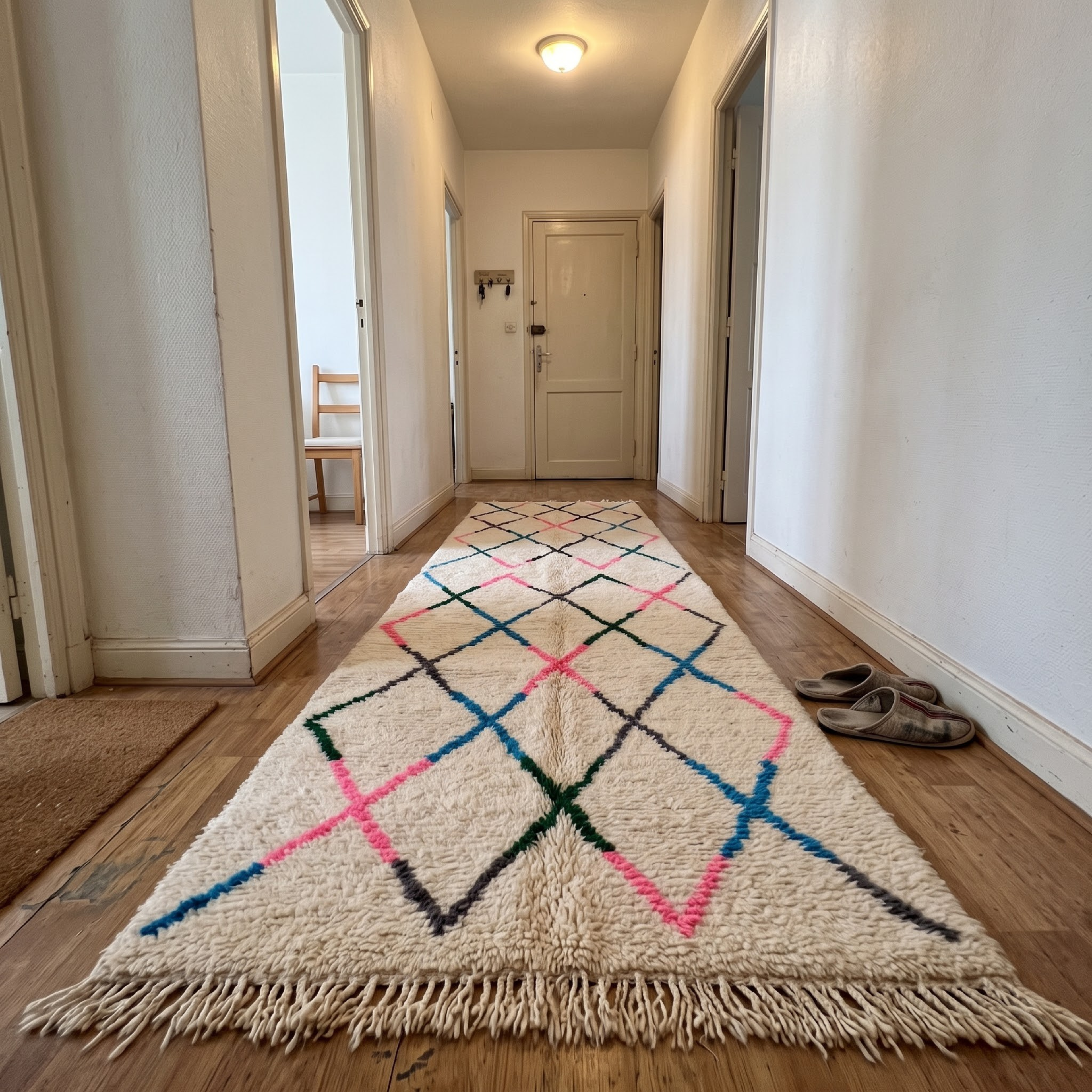 Handmade Moroccan Beni Ourain Wool Rug – Ivory Shag with Multicolor Diamond Trellis